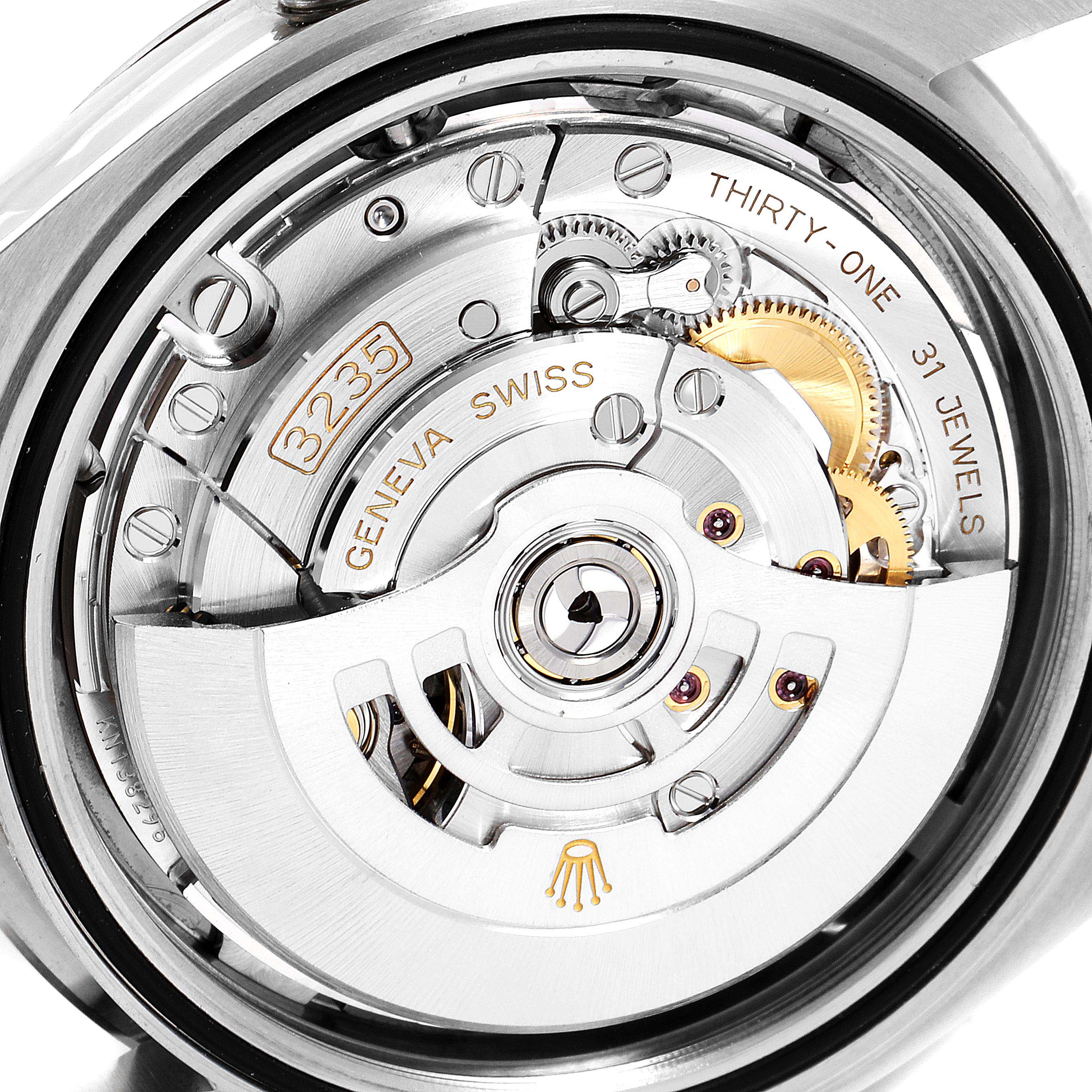 The image shows the detailed movement and inner workings of the Rolex Datejust 41 126334 Men
s Stainless Steel Grey Dial 126334 Men
s Stainless Steel Grey Dial model watch from a close-up angle.