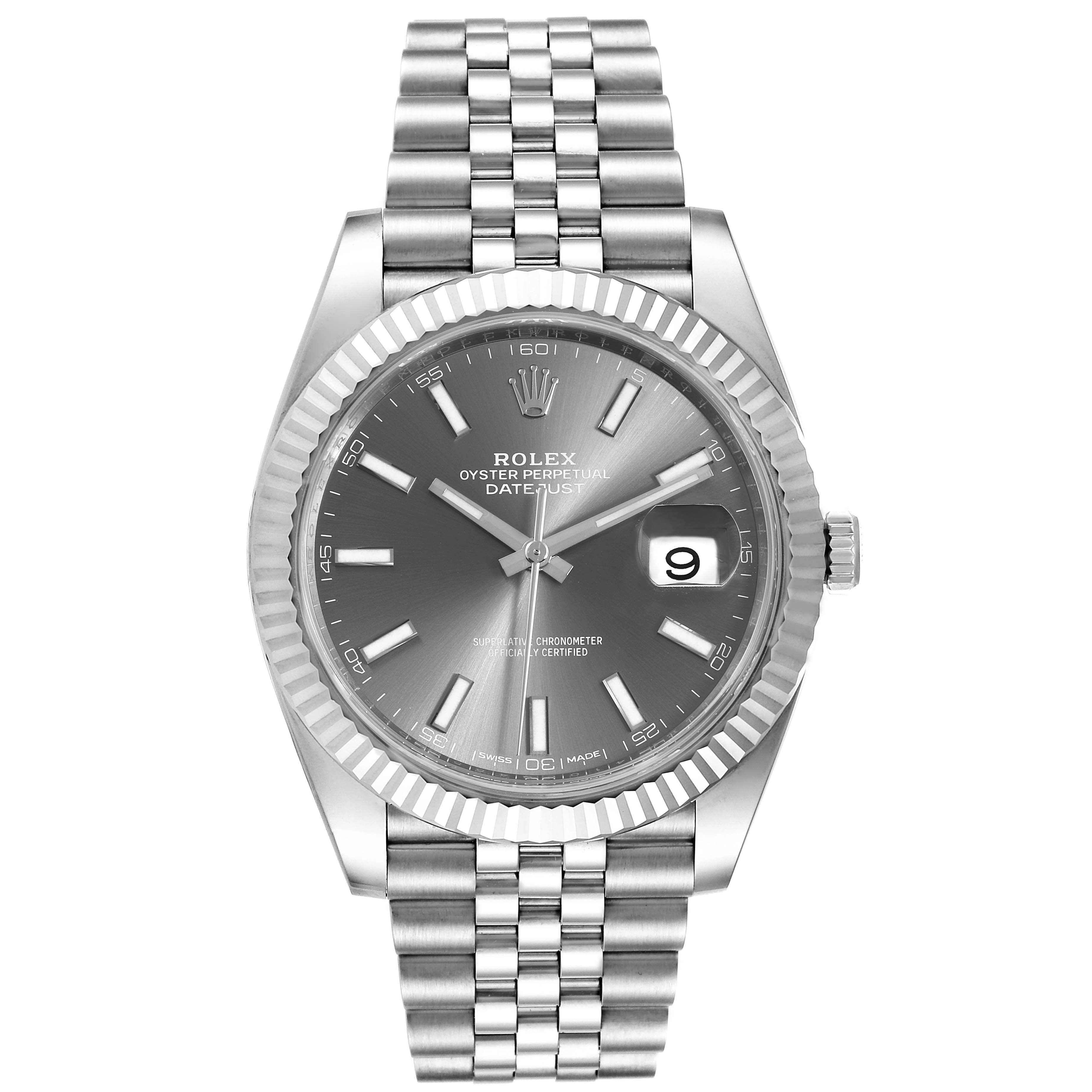 This image shows a front view of the Rolex Datejust 41 126334 Men
s Stainless Steel Grey Dial 126334 Men
s Stainless Steel Grey Dial watch, highlighting its dial, bezel, and bracelet.