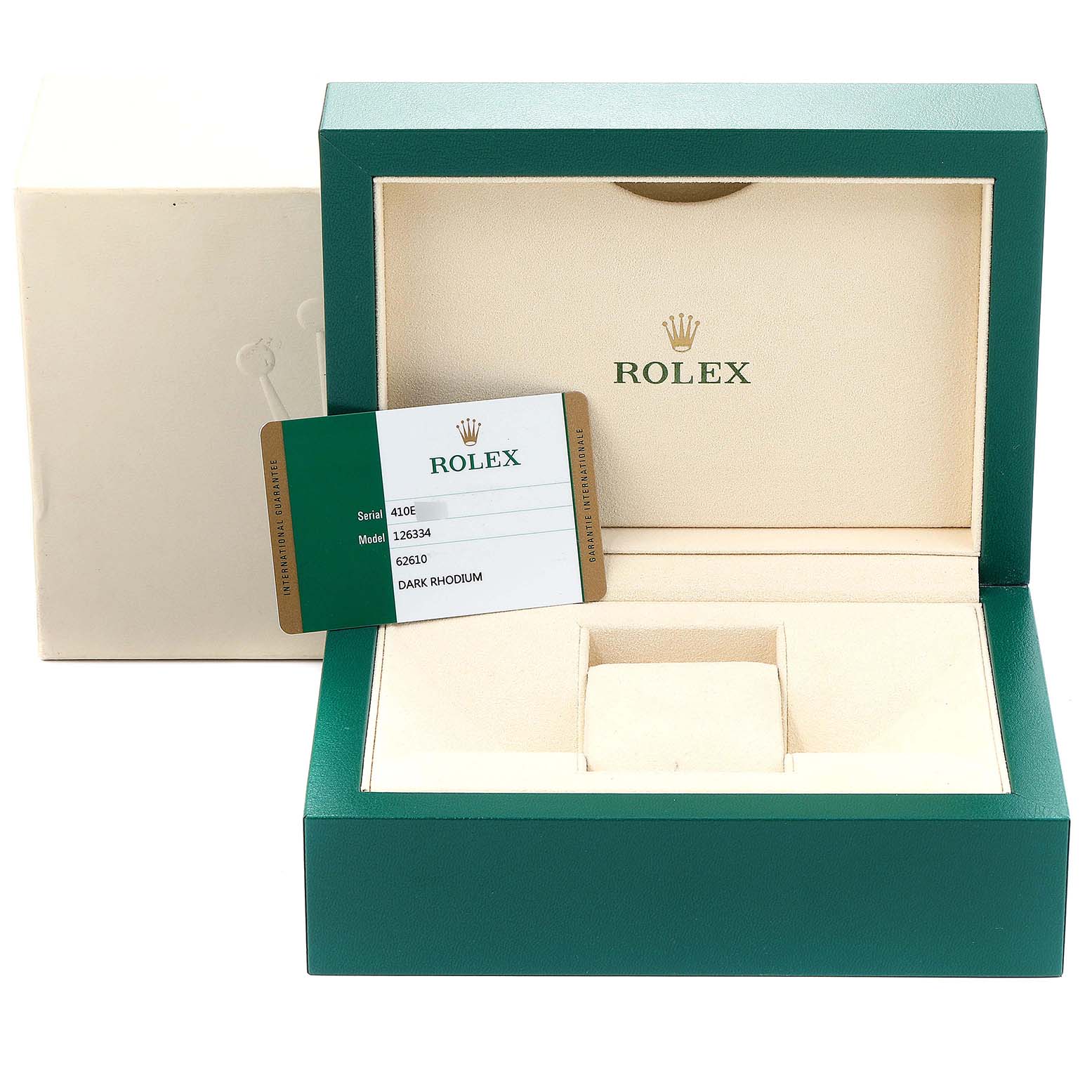 The image shows the open box and certification card for a Rolex Datejust 41 126334 Men
s Stainless Steel Grey Dial 126334 Men
s Stainless Steel Grey Dial watch.