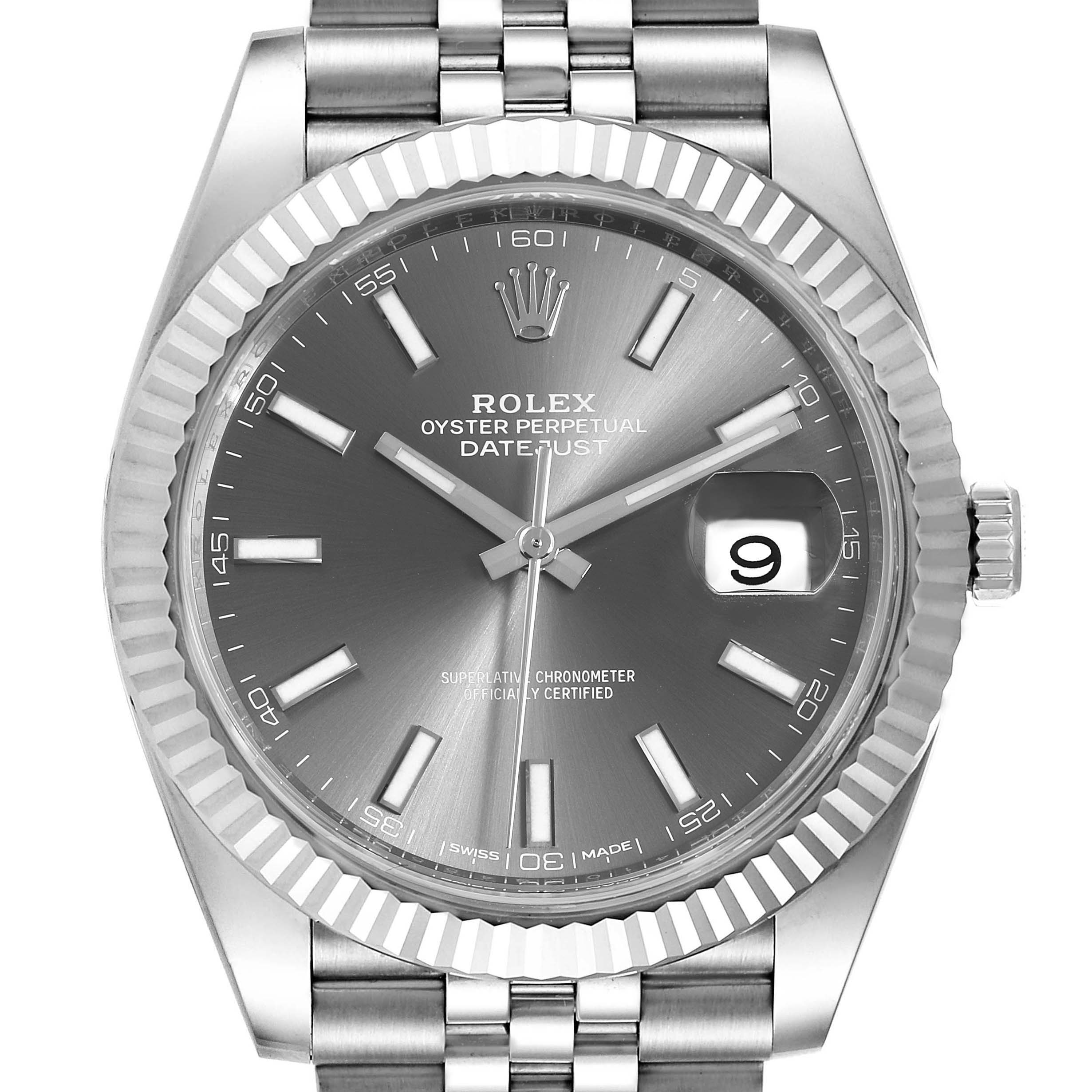 This image shows the front view of the Rolex Datejust 41 126334 Men
s Stainless Steel Grey Dial 126334 Men
s Stainless Steel Grey Dial watch, highlighting its dial, bezel, and part of the bracelet.