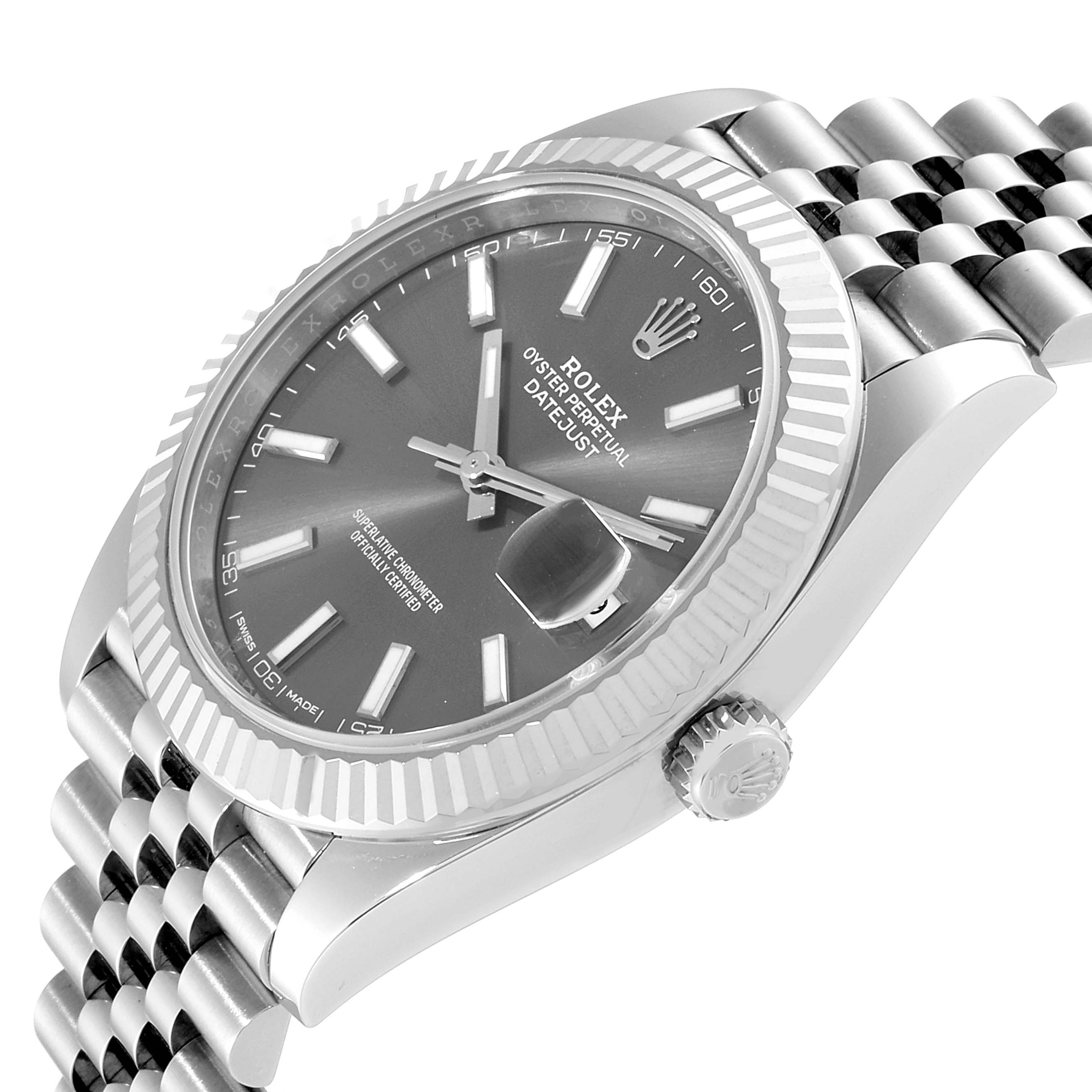 This image shows a close-up angle of the Rolex Datejust 41 126334 Men
s Stainless Steel Grey Dial 126334 Men
s Stainless Steel Grey Dial, highlighting the dial, fluted bezel, and part of the bracelet.