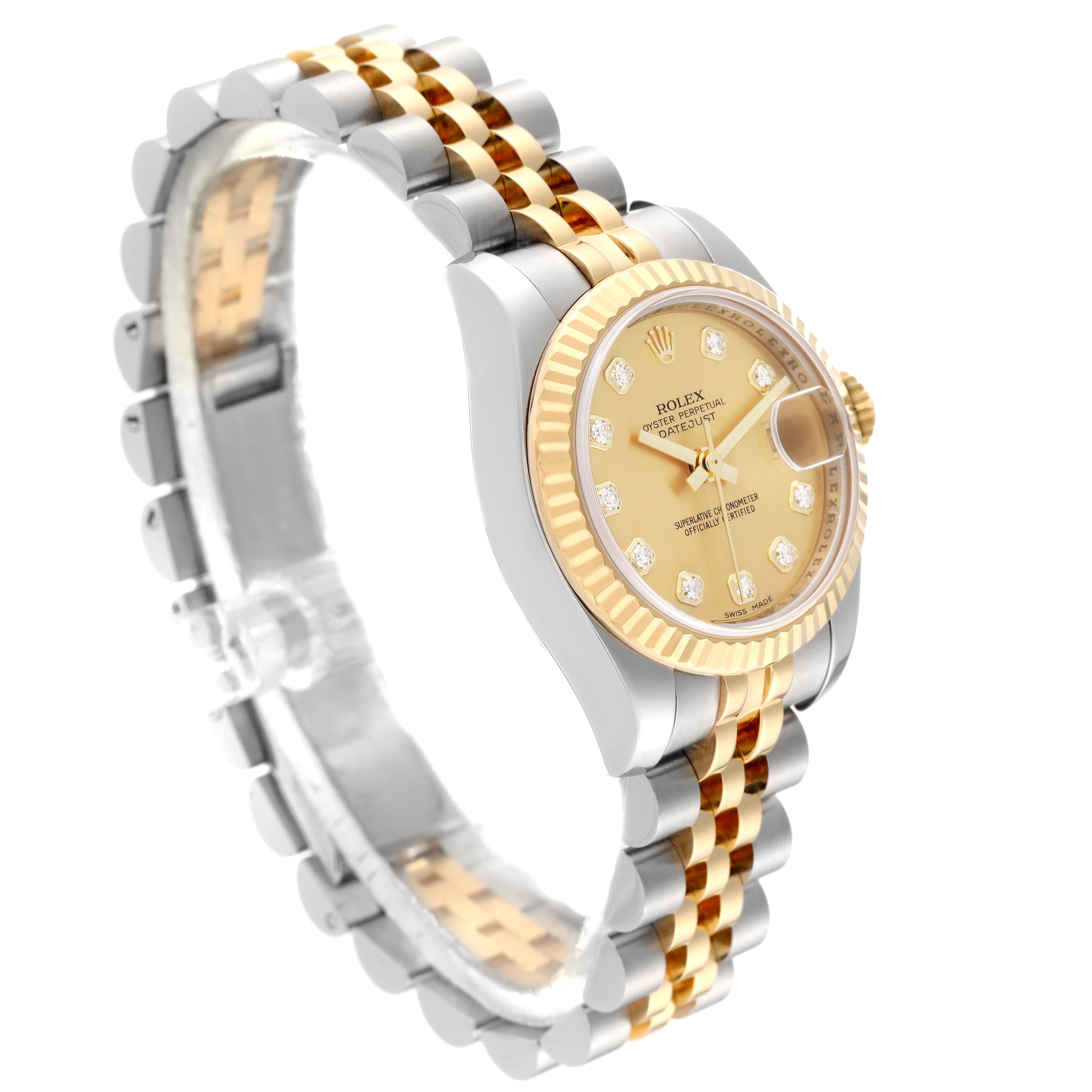 This Rolex Datejust 179173 Women's Steel and Gold (two tone) Champagne Dial 179173 Women's Steel and Gold (two tone) Champagne Dial watch is shown from an angled side view, displaying the case, bezel, dial, crown, and part of the bracelet.