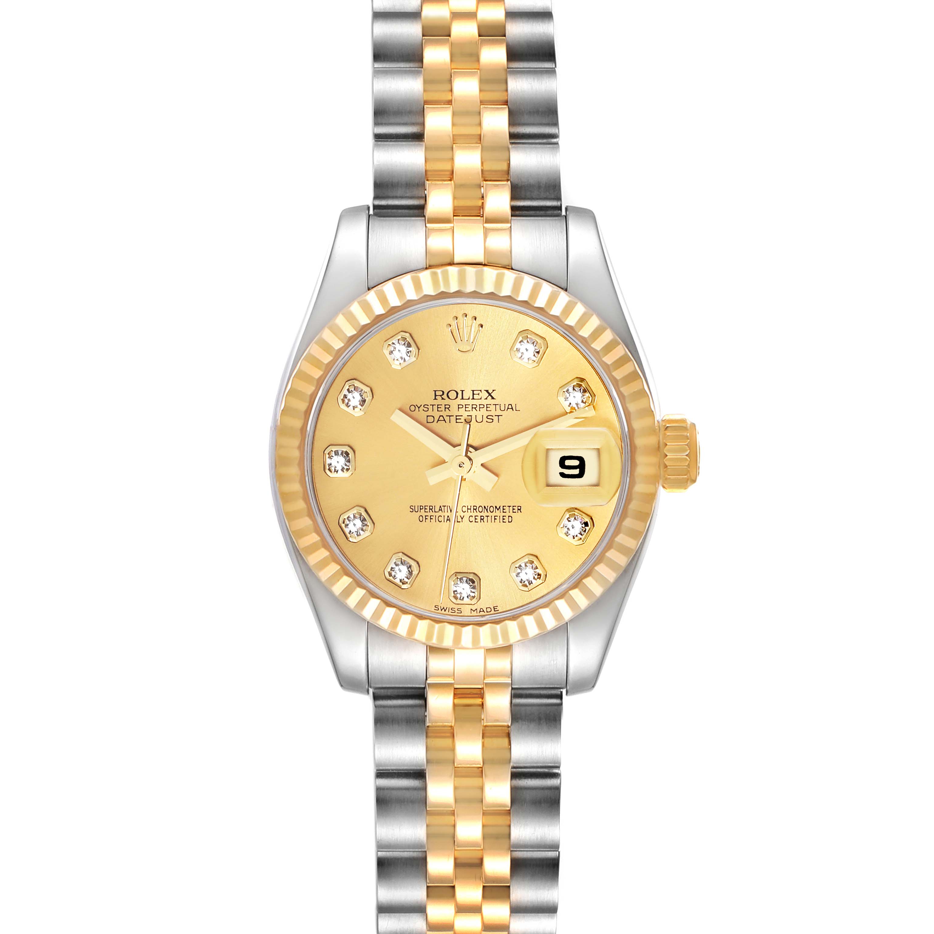 The image shows a Rolex Datejust 179173 Women's Steel and Gold (two tone) Champagne Dial 179173 Women's Steel and Gold (two tone) Champagne Dial Diamond Dial Steel Yellow Gold Ladies Watch 179173.