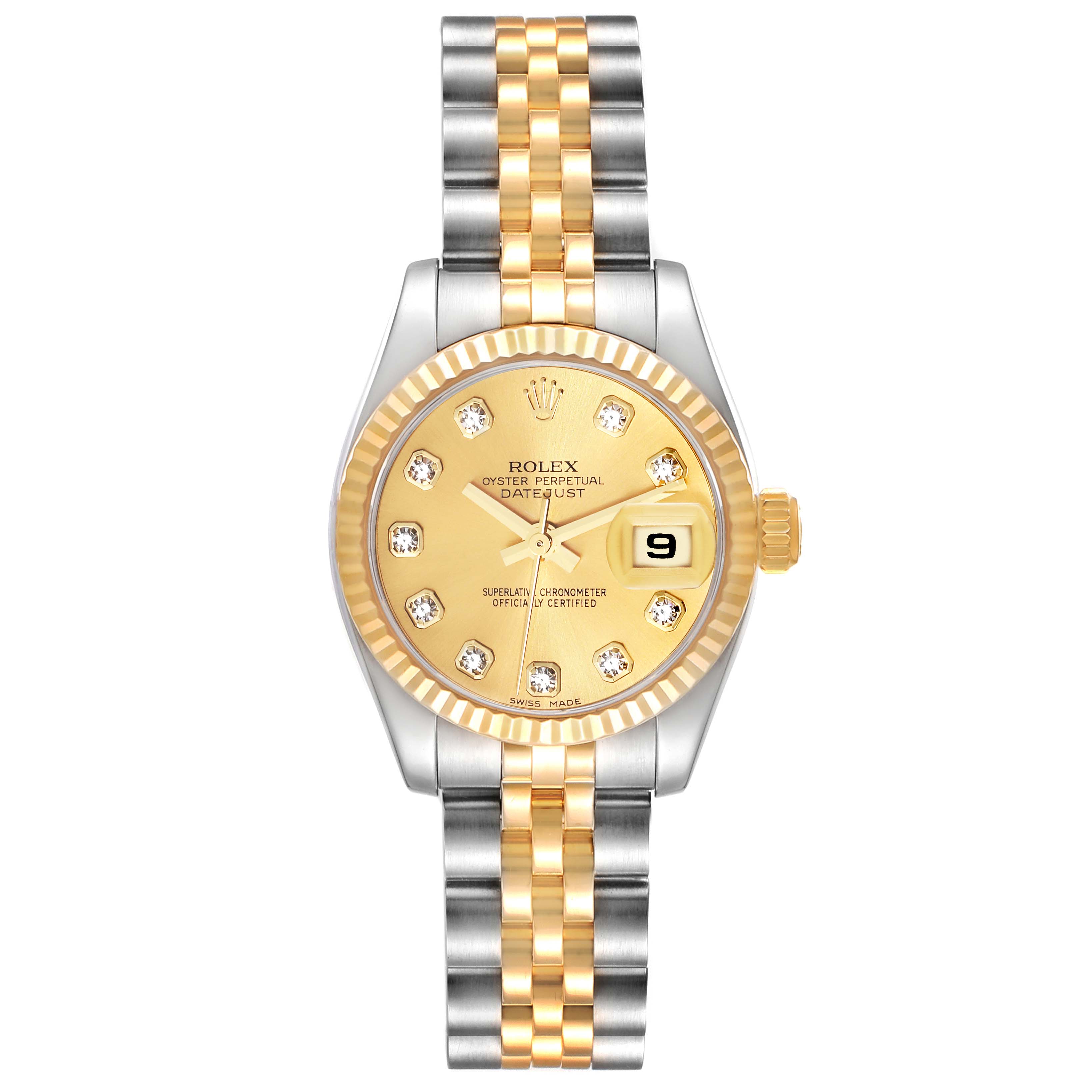 This image shows a front view of a Rolex Datejust 179173 Women's Steel and Gold (two tone) Champagne Dial 179173 Women's Steel and Gold (two tone) Champagne Dial watch, displaying its dial, bezel, and two-tone bracelet.