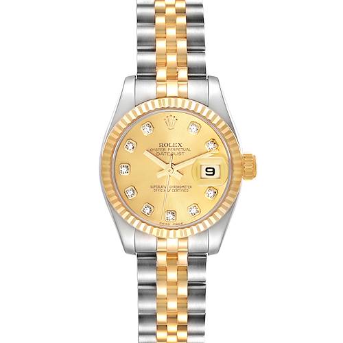 The image shows a front view of the Rolex Datejust, highlighting its dial, fluted bezel, and two-tone bracelet.