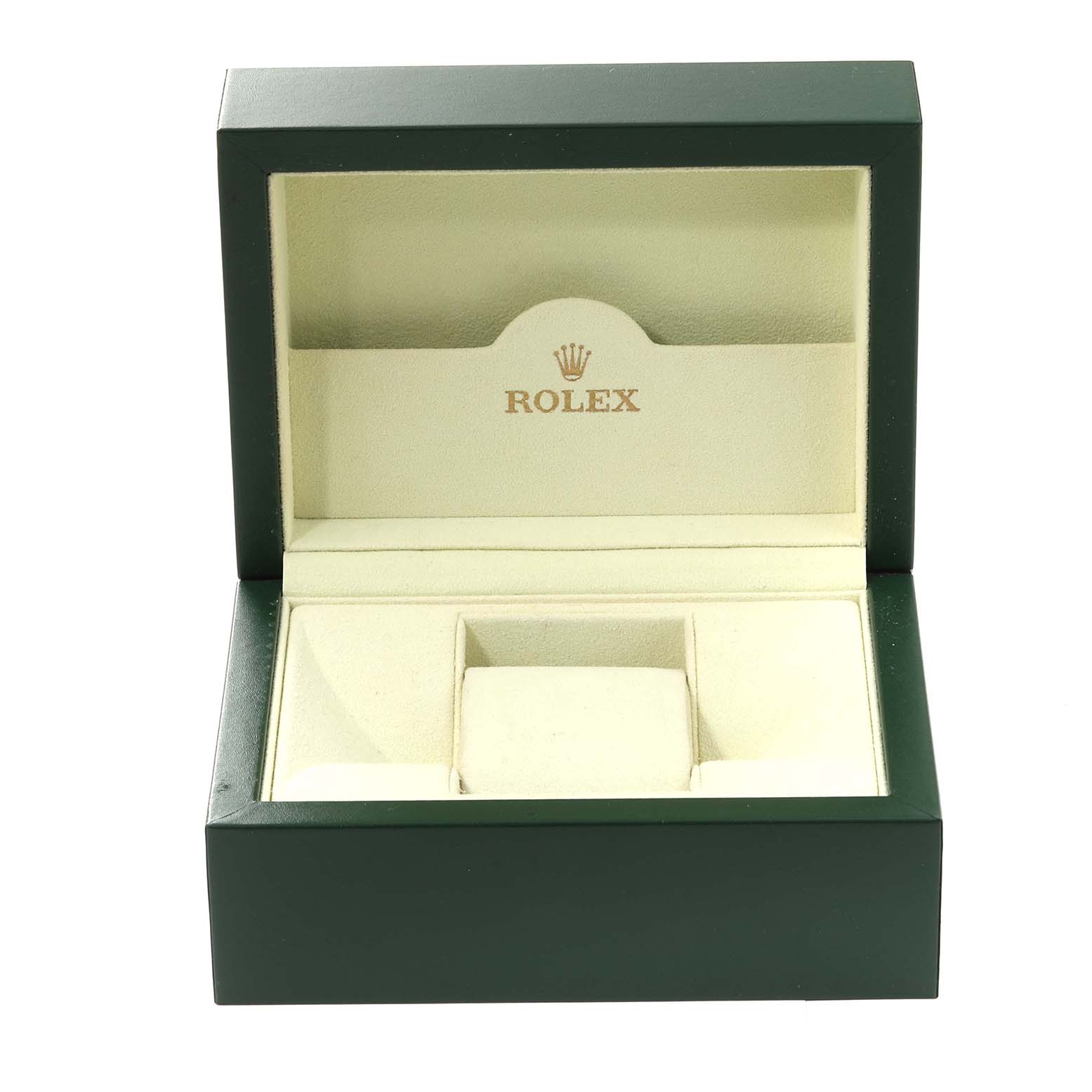This image shows an open Rolex Datejust 179173 Women's Steel and Gold (two tone) Champagne Dial 179173 Women's Steel and Gold (two tone) Champagne Dial watch box from a frontal angle.