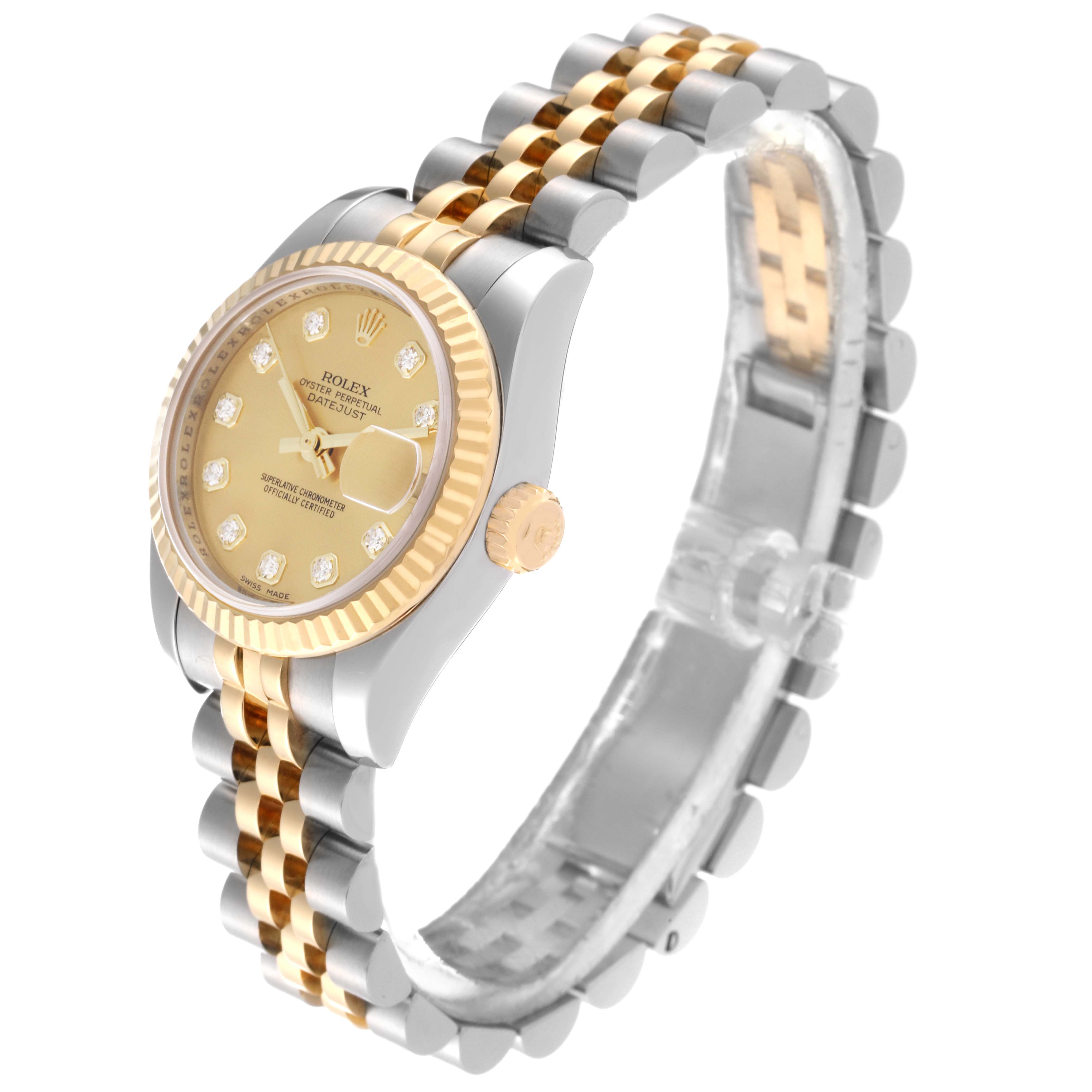 This image shows a side profile of a Datejust Rolex watch highlighting its dial, fluted bezel, crown, and Jubilee bracelet.