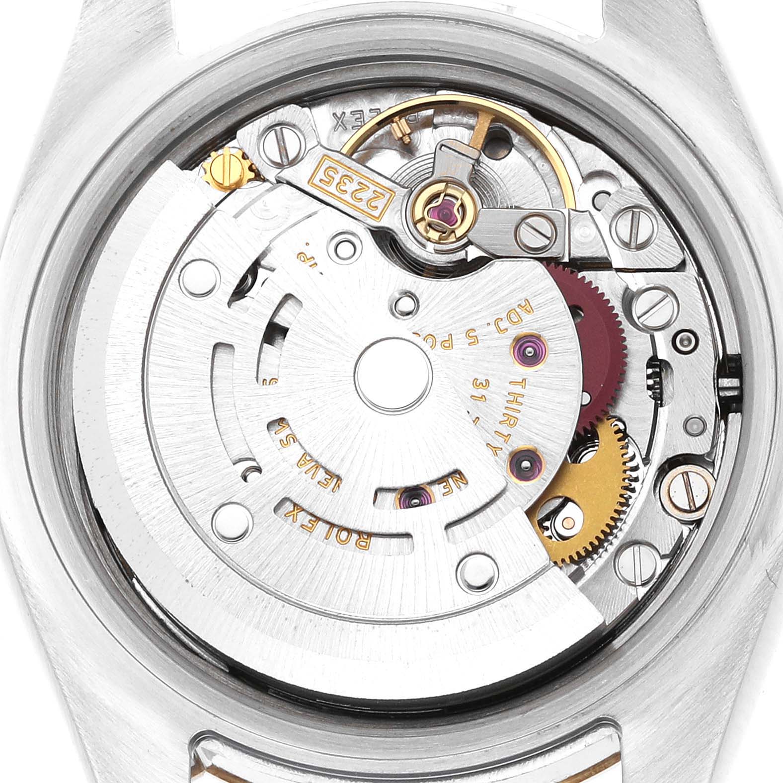 This image shows the inner mechanical movement of the Rolex Datejust 179173 Women's Steel and Gold (two tone) Champagne Dial 179173 Women's Steel and Gold (two tone) Champagne Dial watch from a backside view without the case back.