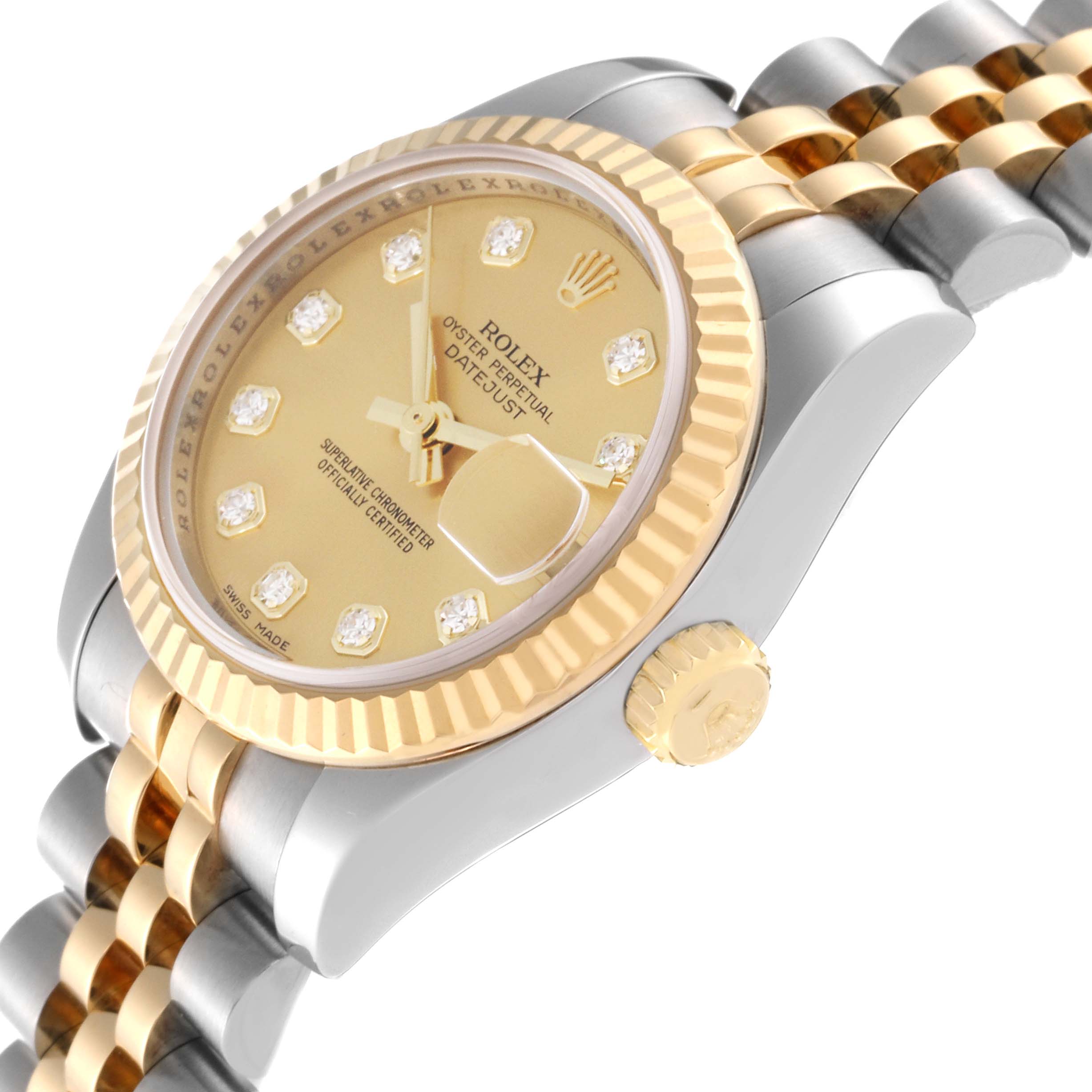 The image shows a side angle of the Rolex Datejust 179173 Women's Steel and Gold (two tone) Champagne Dial 179173 Women's Steel and Gold (two tone) Champagne Dial watch, highlighting the dial, fluted bezel, crown, and Jubilee bracelet.
