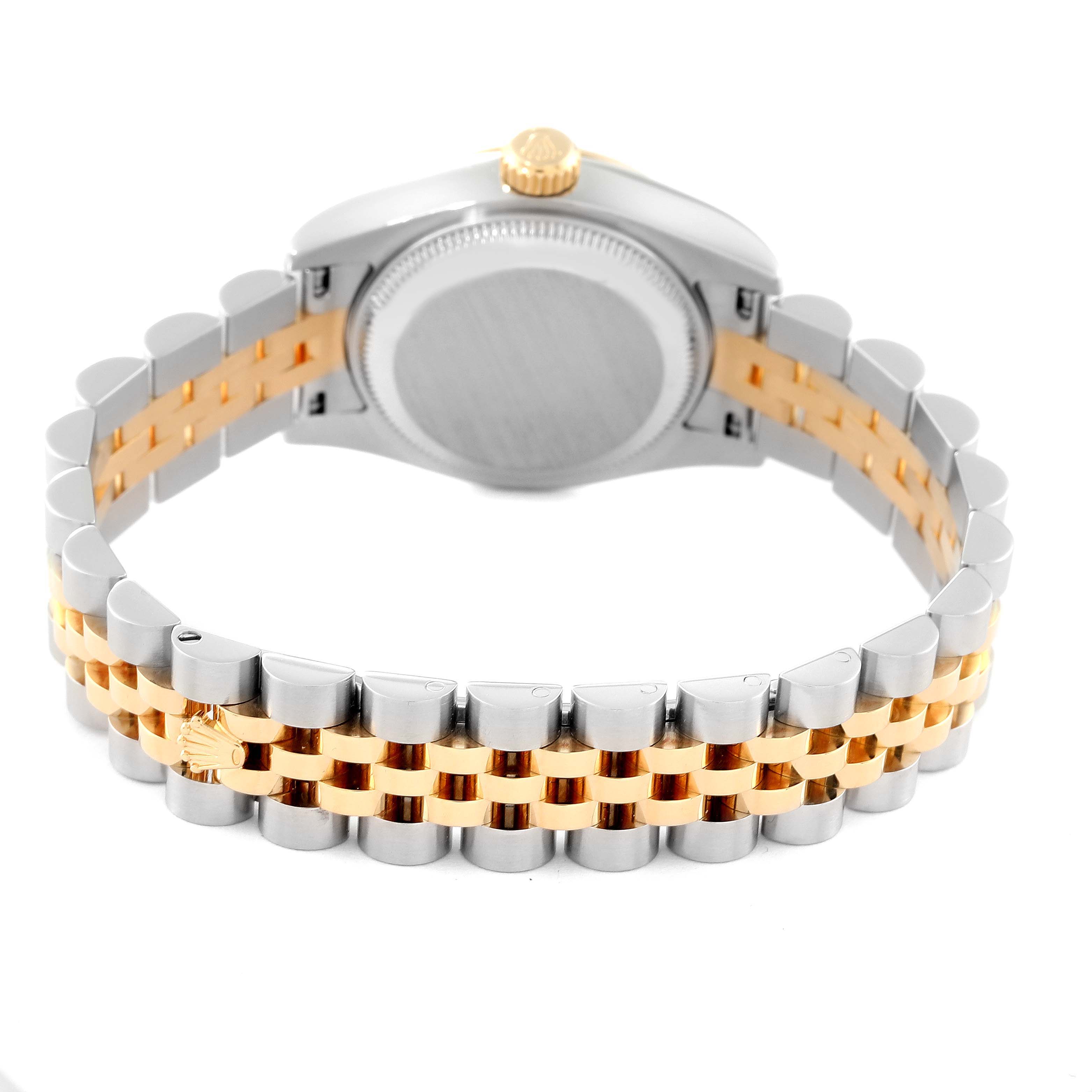 The image shows the back view of a Rolex Datejust 179173 Women's Steel and Gold (two tone) Champagne Dial 179173 Women's Steel and Gold (two tone) Champagne Dial watch, highlighting its two-tone Jubilee bracelet and case.