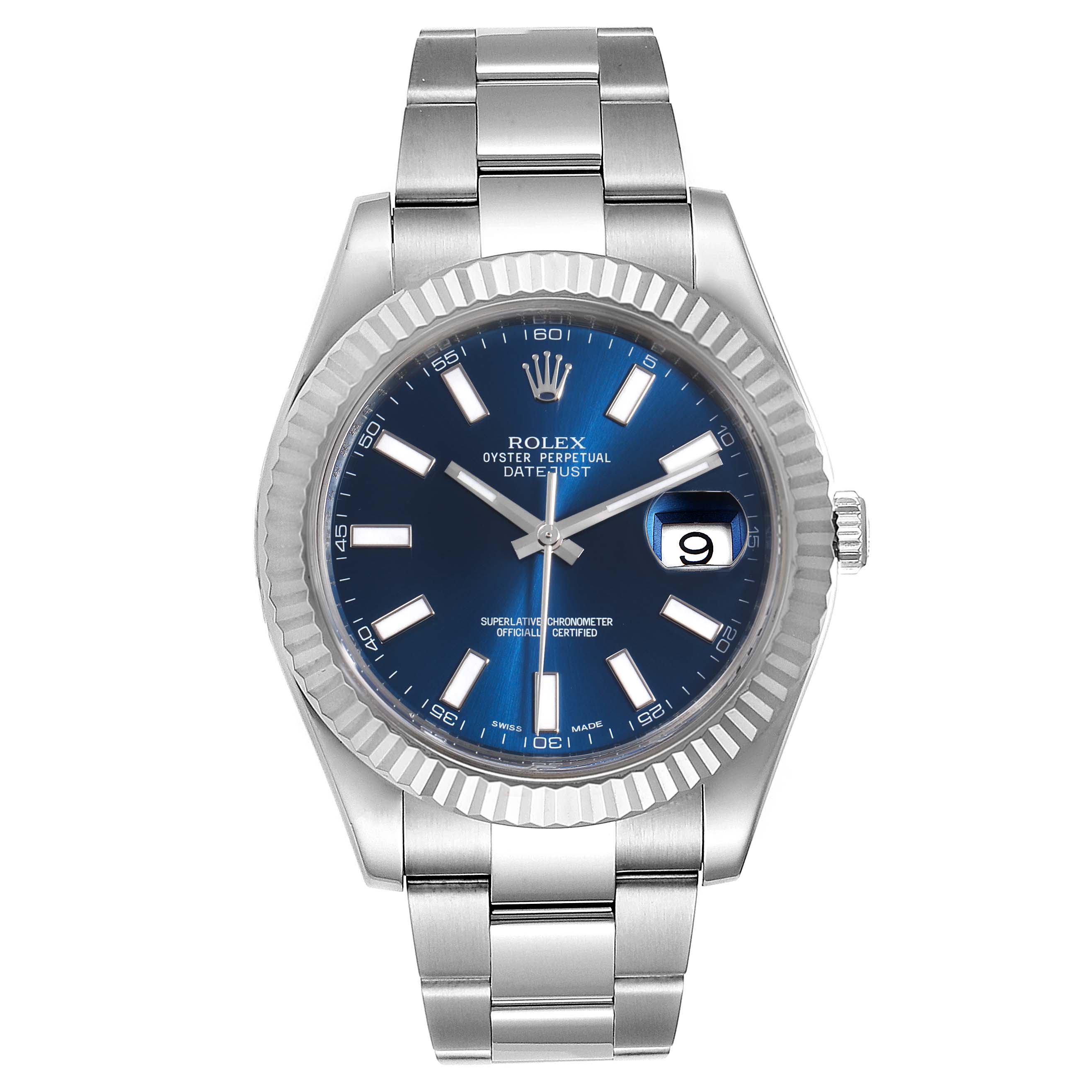 This image shows a front view of the Rolex Datejust 41 116334 Men
s Stainless Steel Blue Dial 116334 Men
s Stainless Steel Blue Dial watch featuring its blue dial, date window, and fluted bezel.