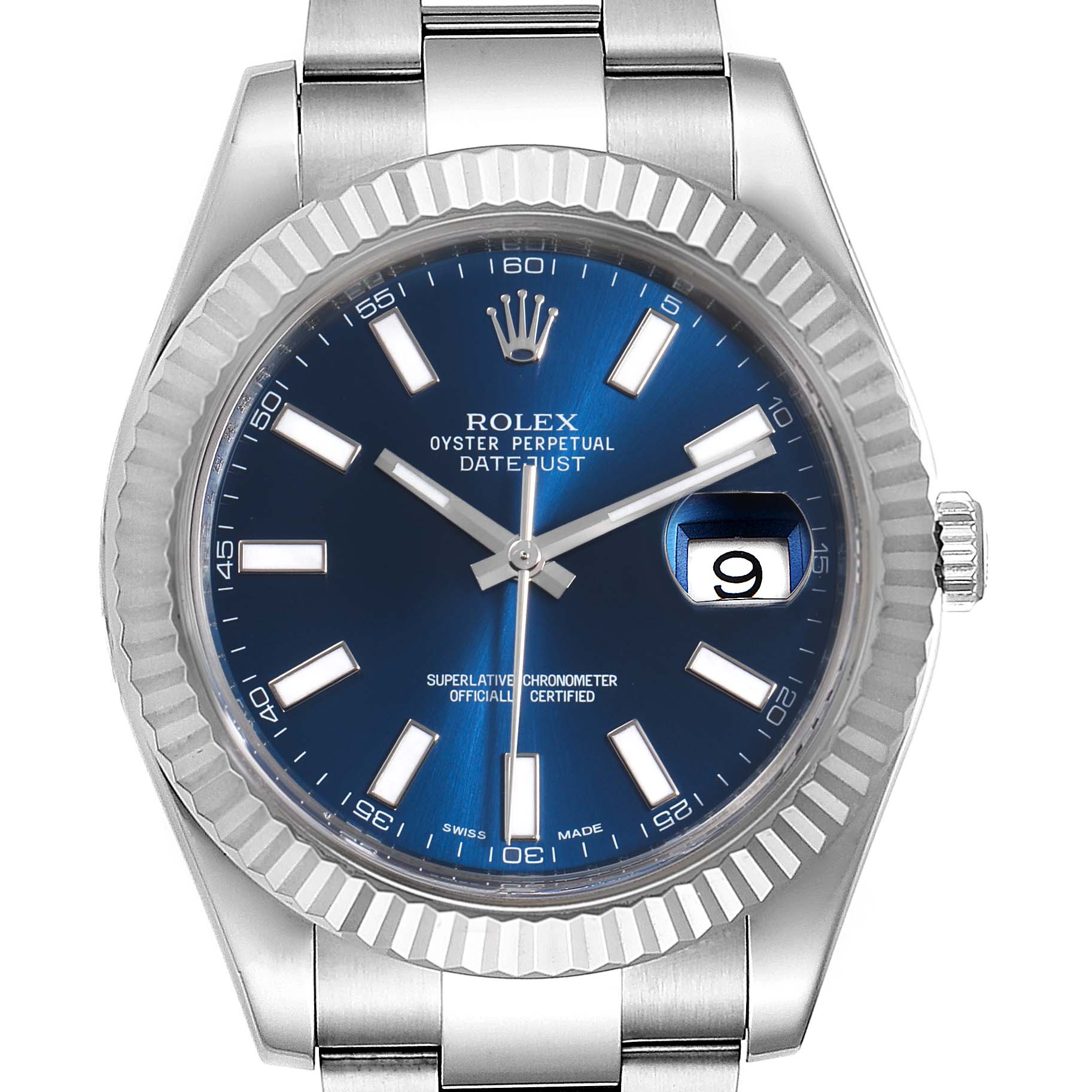 This image shows a front view of a Rolex Datejust 41 116334 Men
s Stainless Steel Blue Dial 116334 Men
s Stainless Steel Blue Dial watch with a blue dial and a fluted bezel.