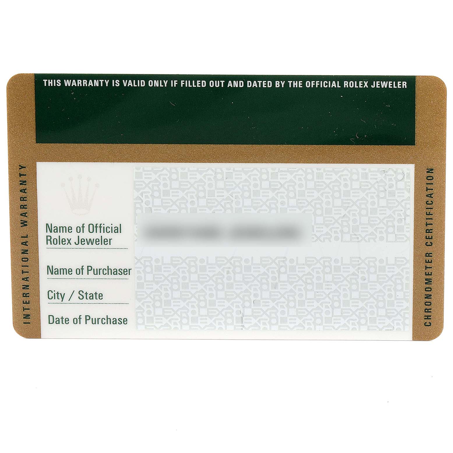 This is the warranty card for the Rolex Datejust 41 116334 Men
s Stainless Steel Blue Dial 116334 Men
s Stainless Steel Blue Dial, showing fields like official jeweler name, purchaser name, city/state, and purchase date.