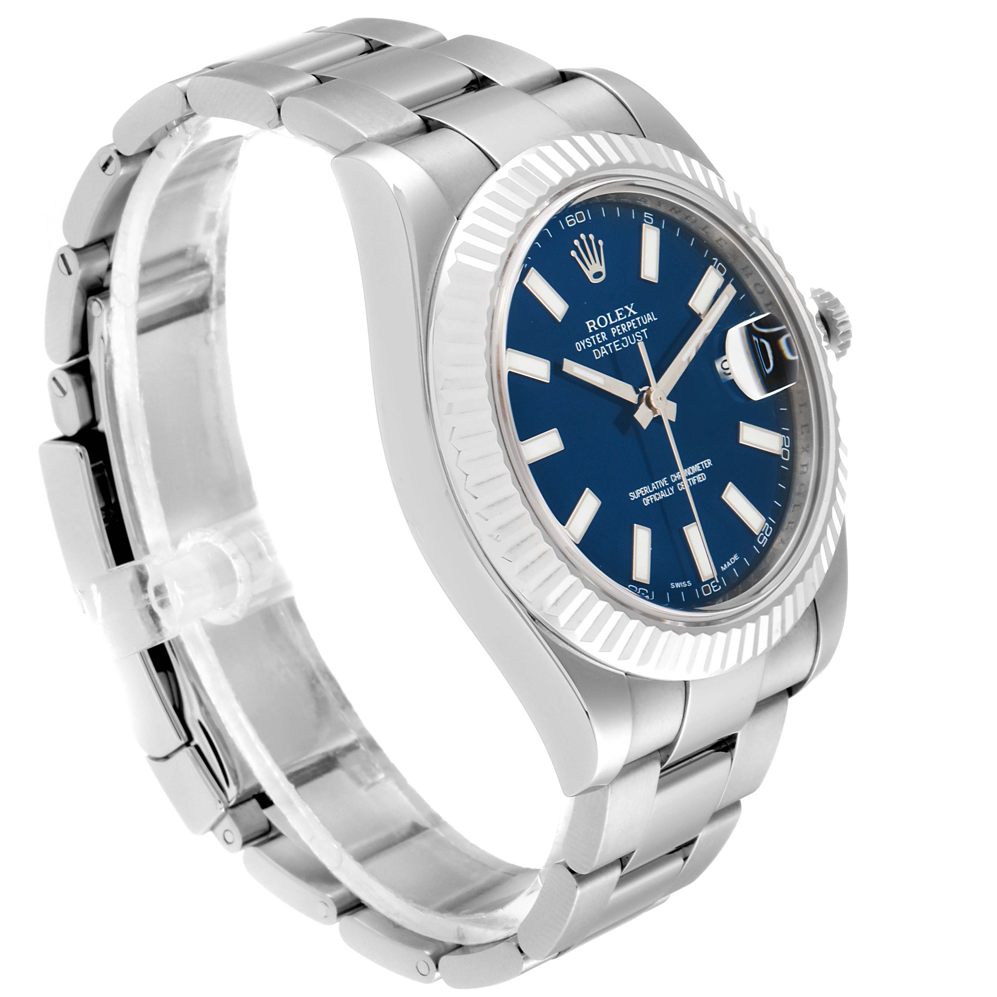 The image shows a Rolex Datejust 41 116334 Men
s Stainless Steel Blue Dial 116334 Men
s Stainless Steel Blue Dial watch at an angled side view, highlighting its blue dial, fluted bezel, and metal bracelet.