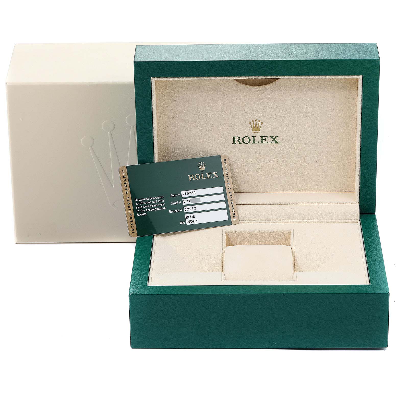 This image shows the presentation box and certificate card for a Rolex Datejust 41 116334 Men
s Stainless Steel Blue Dial 116334 Men
s Stainless Steel Blue Dial watch, with the box open and empty.