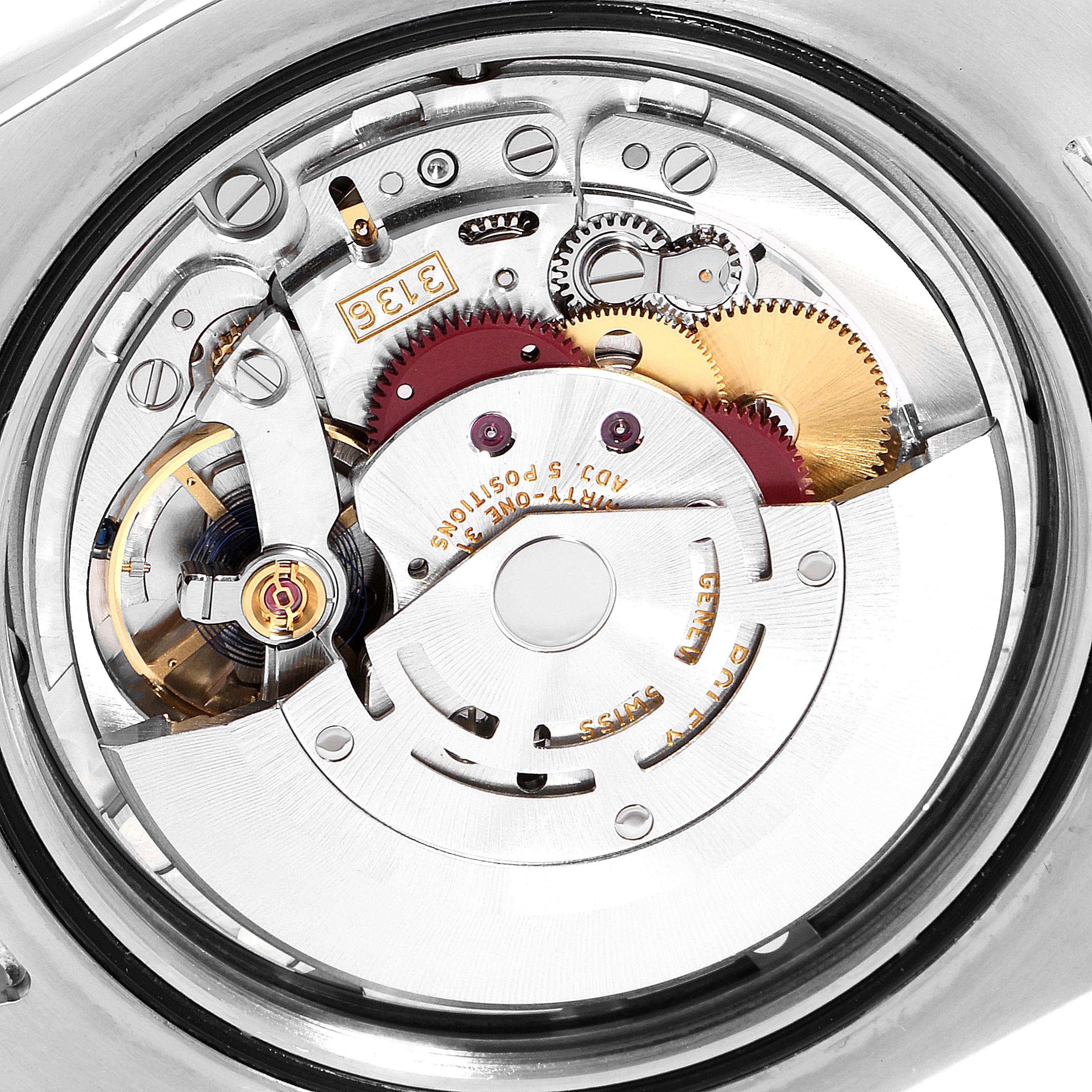 The image shows the movement mechanism of the Rolex Datejust 41 116334 Men
s Stainless Steel Blue Dial 116334 Men
s Stainless Steel Blue Dial model from the back angle.