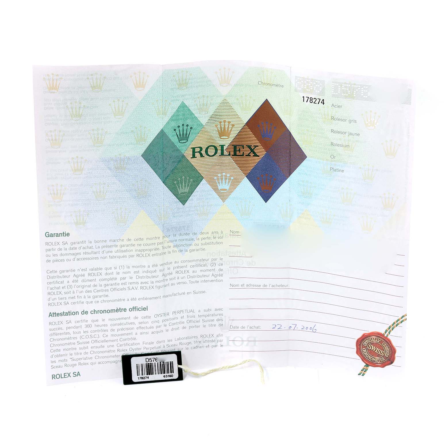 The image shows the warranty certificate and tag for a Mid-Size Rolex watch, model number 178274.