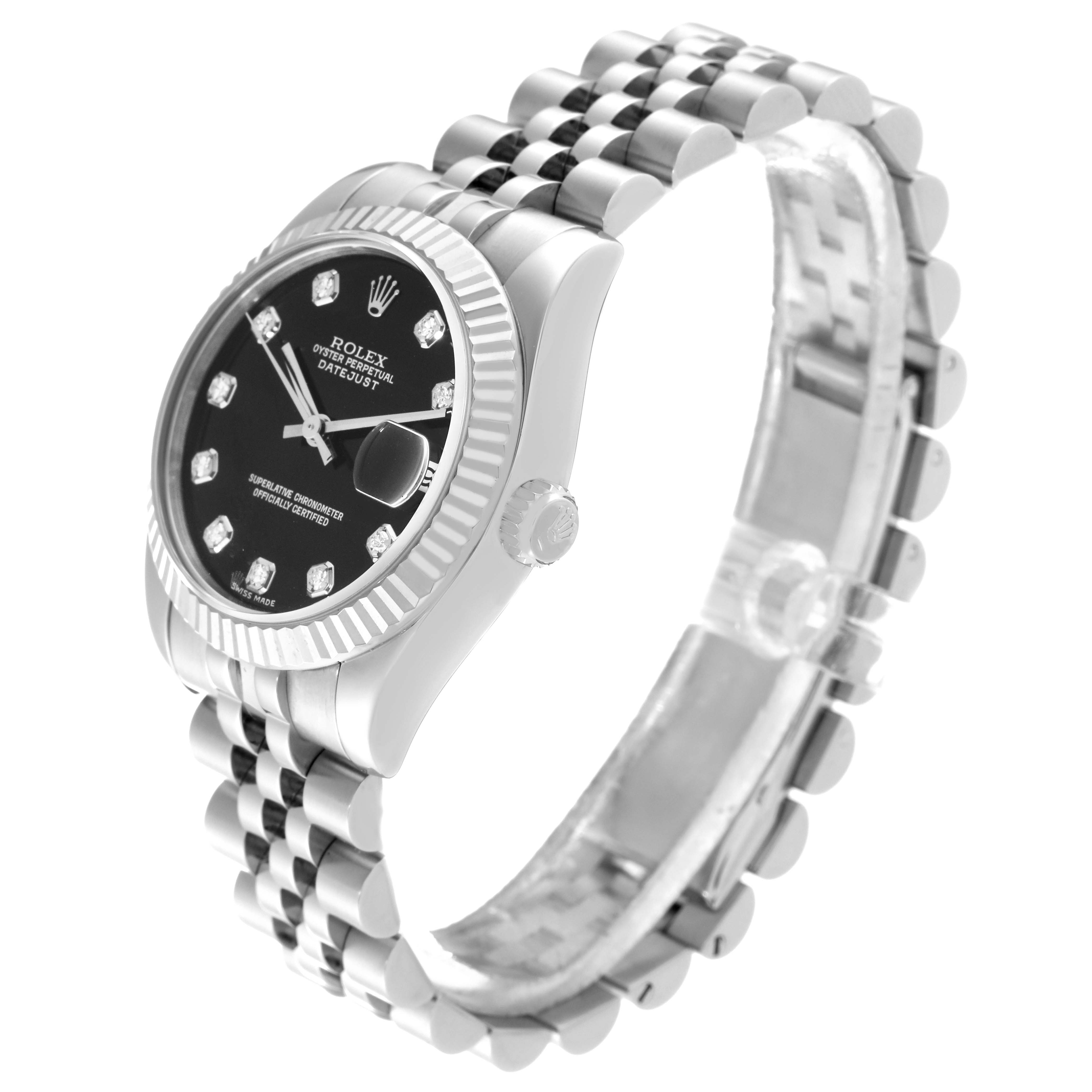 The image shows a Rolex Mid-Size 178274 Women's Stainless Steel Black Dial 178274 Women's Stainless Steel Black Dial Datejust watch viewed from an angled side perspective, highlighting the face and bracelet.