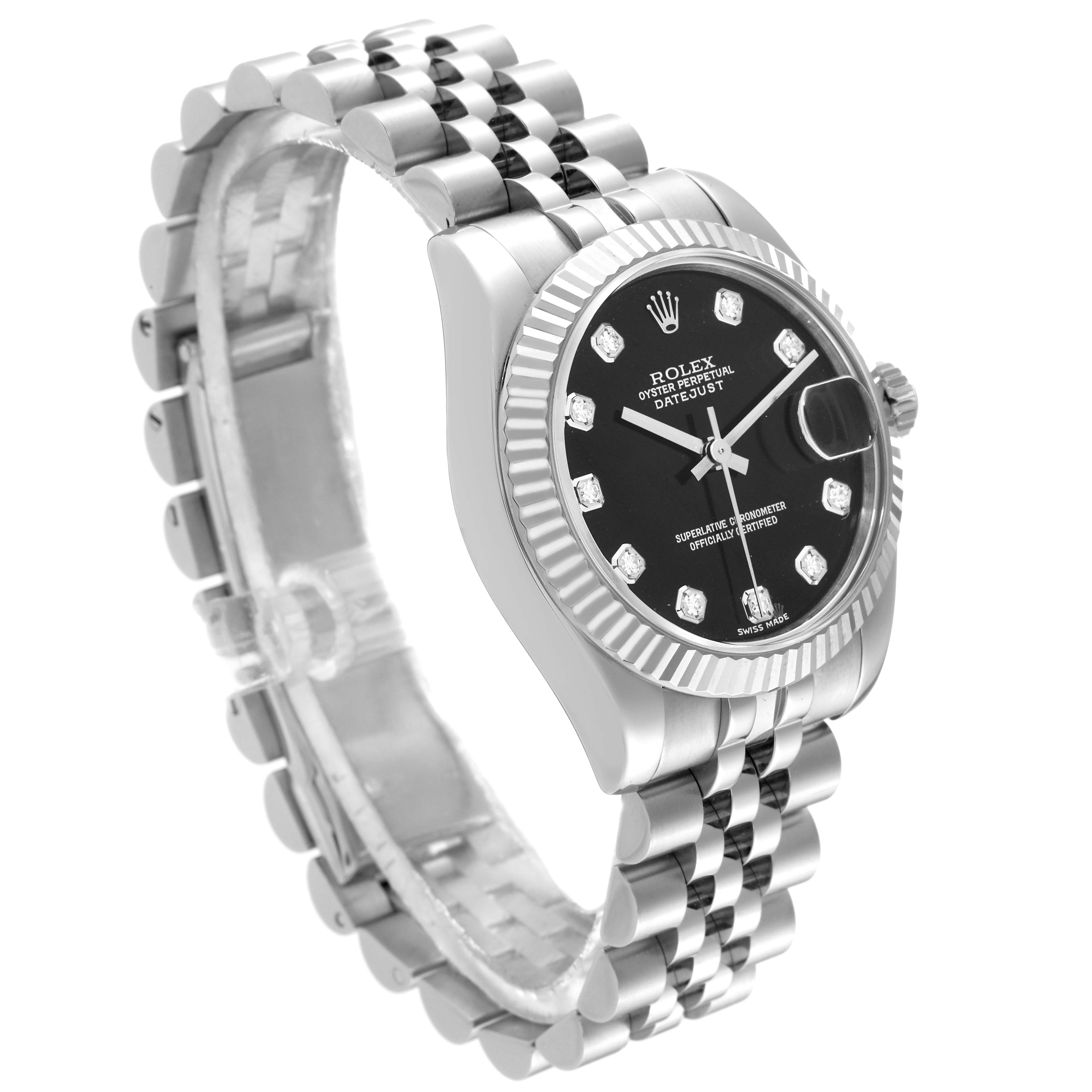 This image shows a side angle of the Rolex Datejust Mid-Size watch, highlighting its black dial, fluted bezel, and Jubilee bracelet.