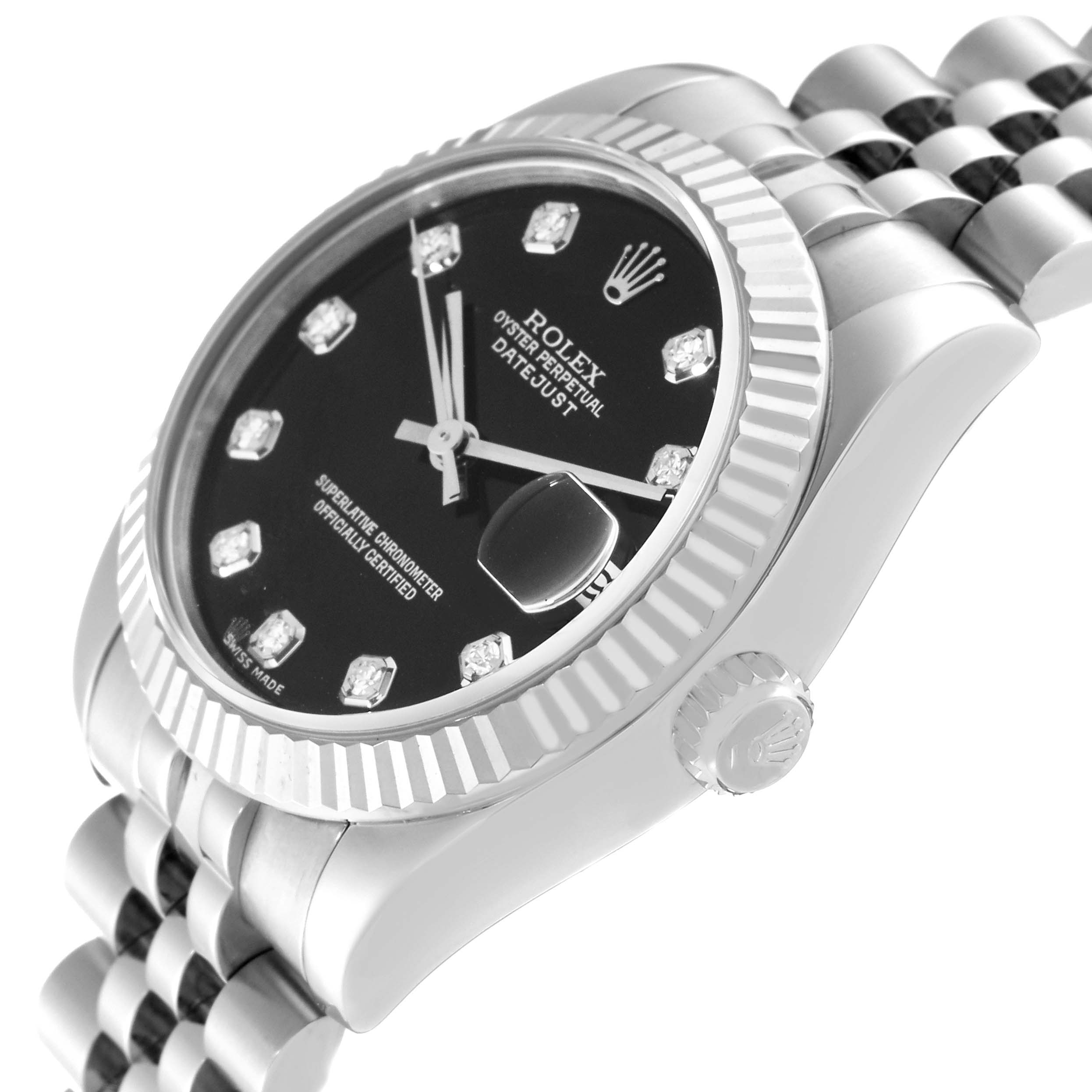 The Rolex Mid-Size 178274 Women's Stainless Steel Black Dial 178274 Women's Stainless Steel Black Dial Oyster Perpetual Datejust watch is pictured at an angled side view showing its black dial, fluted bezel, and jubilee bracelet.