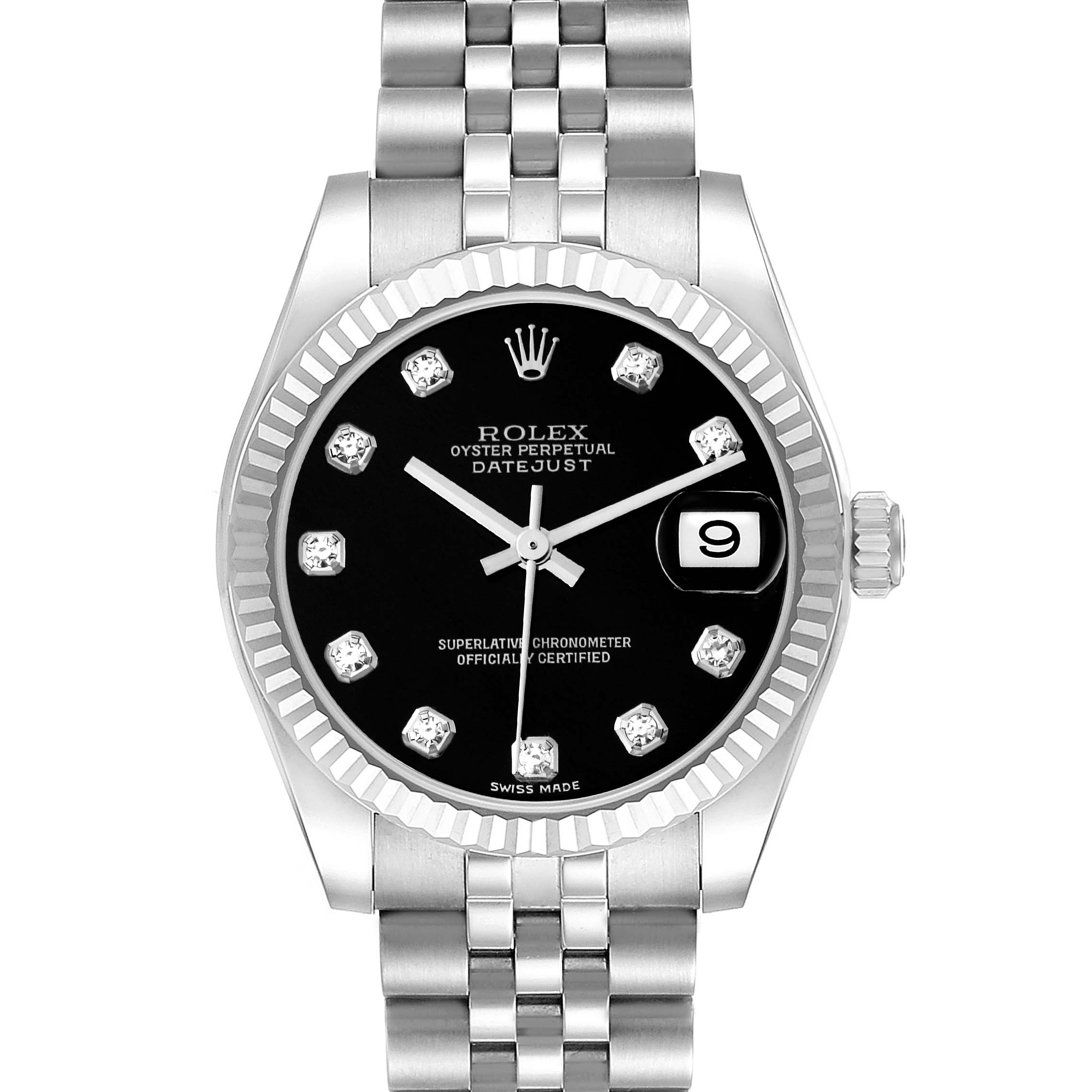 The image shows a front view of a Rolex Mid-Size 178274 Women's Stainless Steel Black Dial 178274 Women's Stainless Steel Black Dial Datejust watch, highlighting its face, bezel, and bracelet.