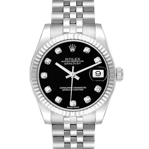 This image shows a front angle of a Rolex Mid-Size Oyster Perpetual Datejust watch, showing the face, bezel, and bracelet.