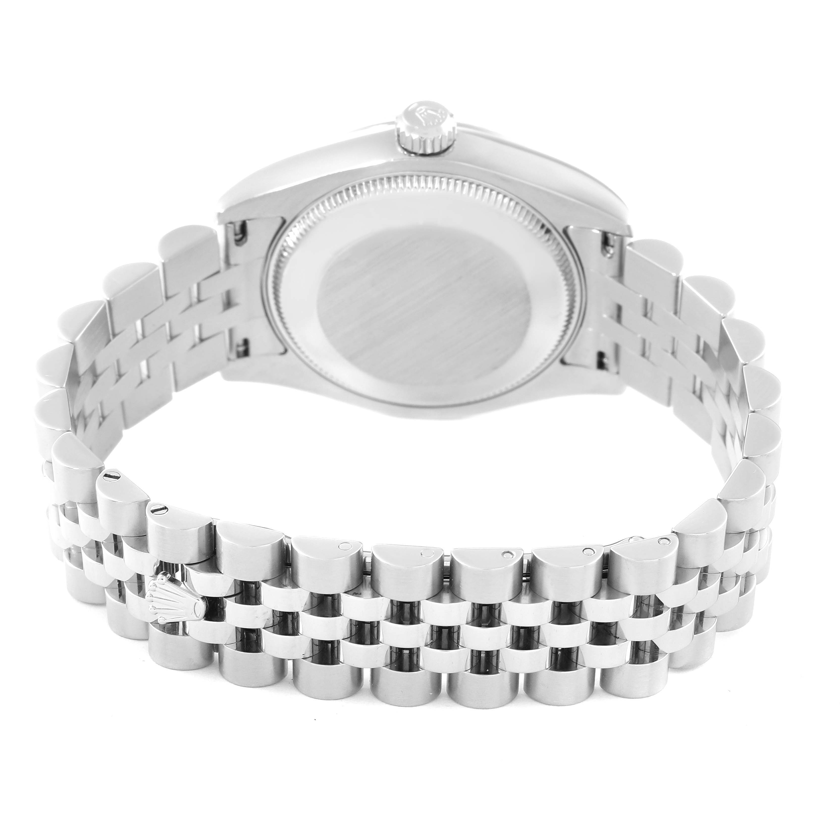 This image shows the back case and bracelet of a Rolex Mid-Size 178274 Women's Stainless Steel Black Dial 178274 Women's Stainless Steel Black Dial model watch, viewed from the rear.