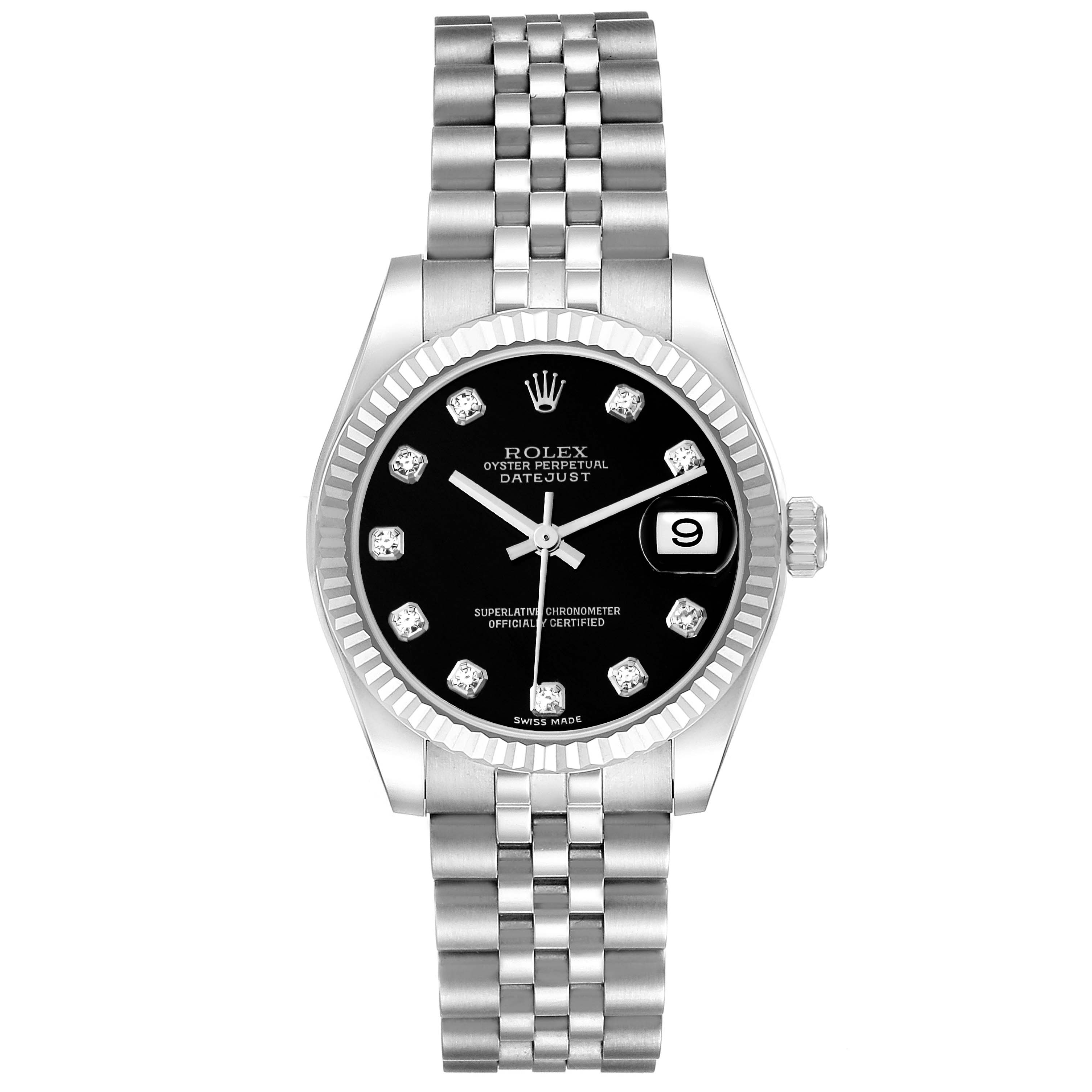 This Rolex Mid-Size 178274 Women's Stainless Steel Black Dial 178274 Women's Stainless Steel Black Dial Datejust watch is shown from a top view, displaying its dial, bezel, and bracelet.