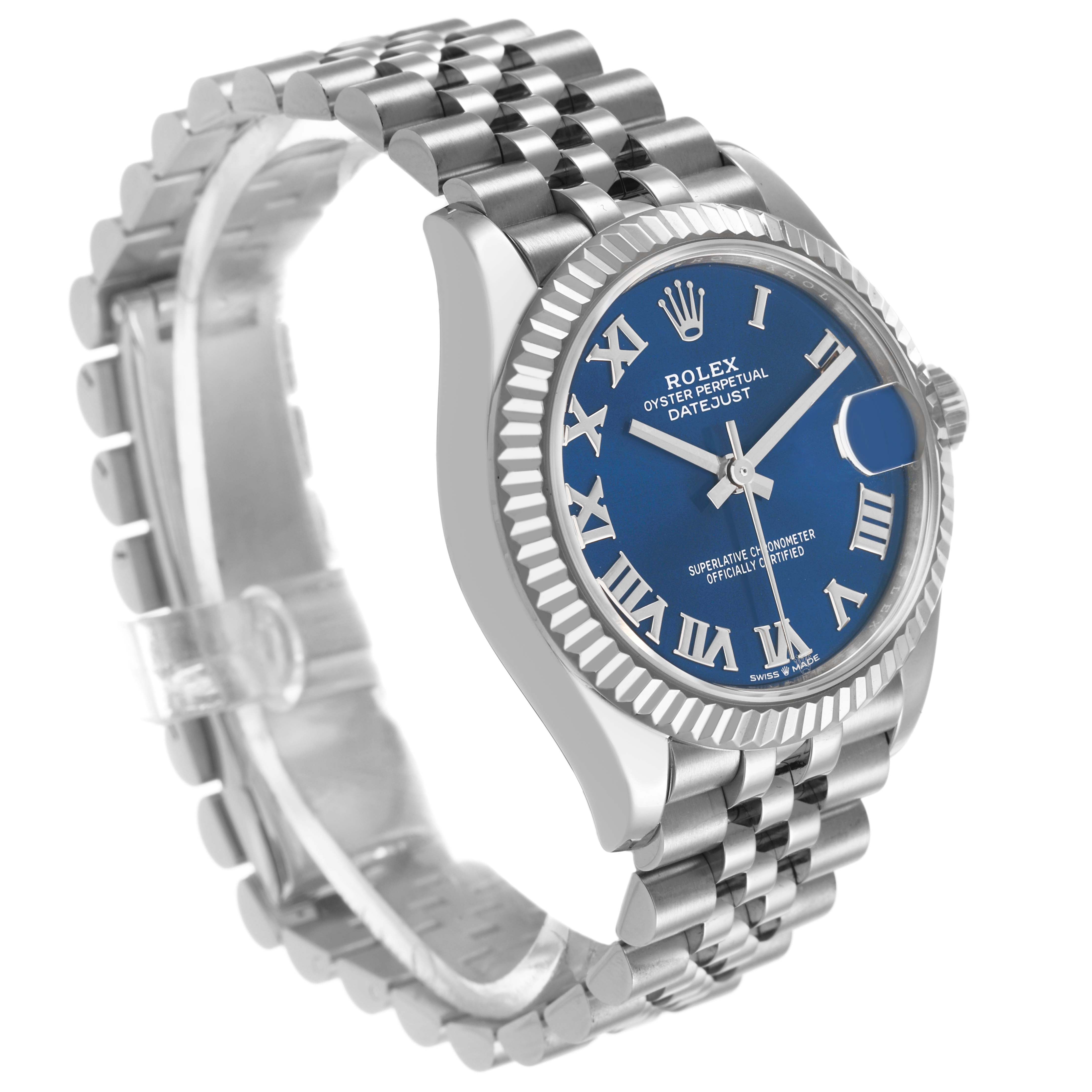 The Rolex Mid-Size 278274 Women's Stainless Steel Blue Dial watch is shown at a three-quarter angle, highlighting the blue dial, Roman numerals, and Jubilee bracelet.