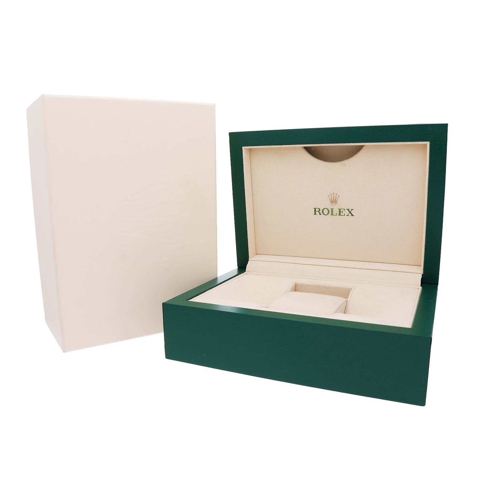 The image shows a Rolex Mid-Size 278274 Women's Stainless Steel Blue Dial model watch box, featuring an open green and beige interior.