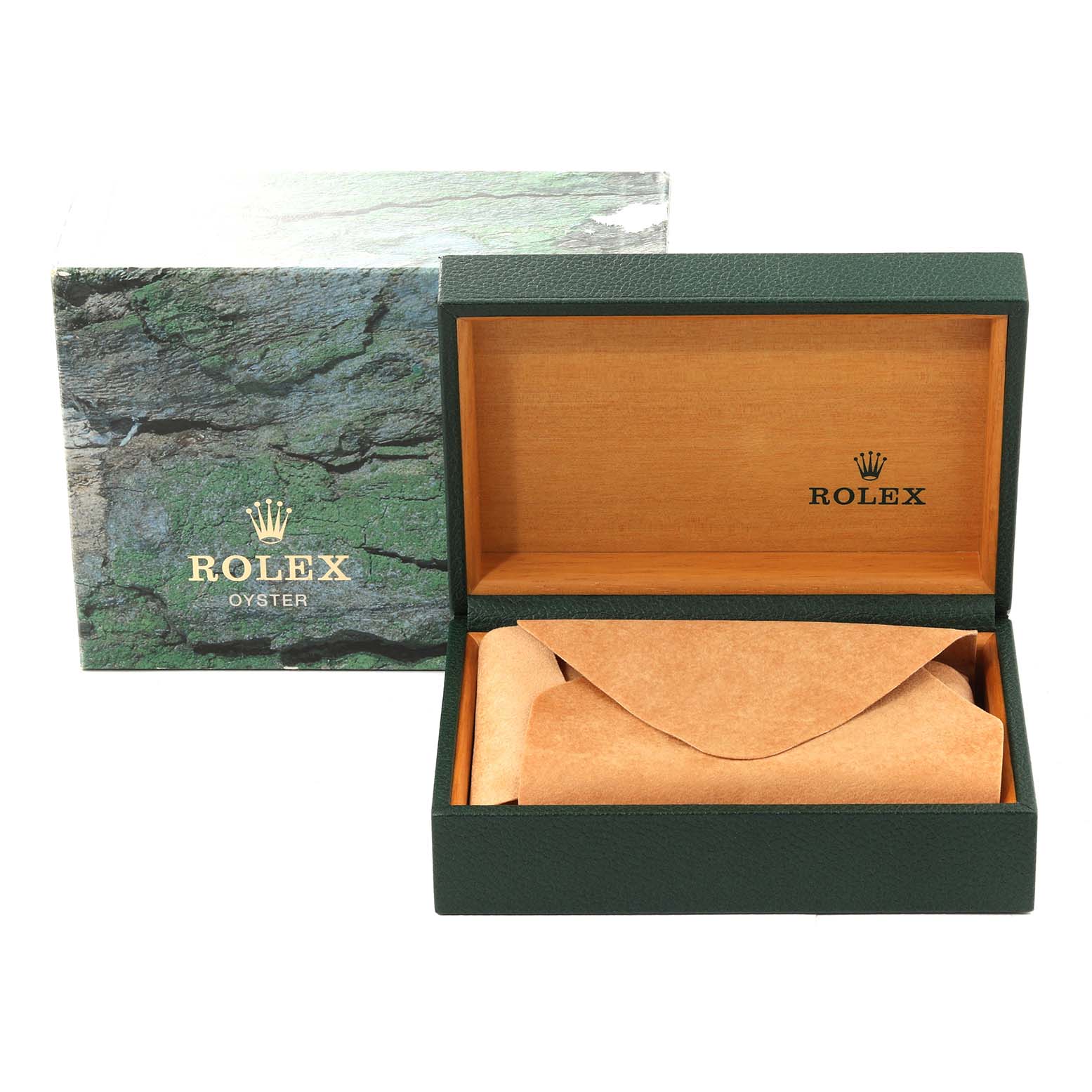 The image shows the packaging of a Rolex Mid-Size 68273 Women's Steel and Gold (two tone) White Dial 68273 Women's Steel and Gold (two tone) White Dial watch, with an open green and wood-toned box and an outer green textured box.