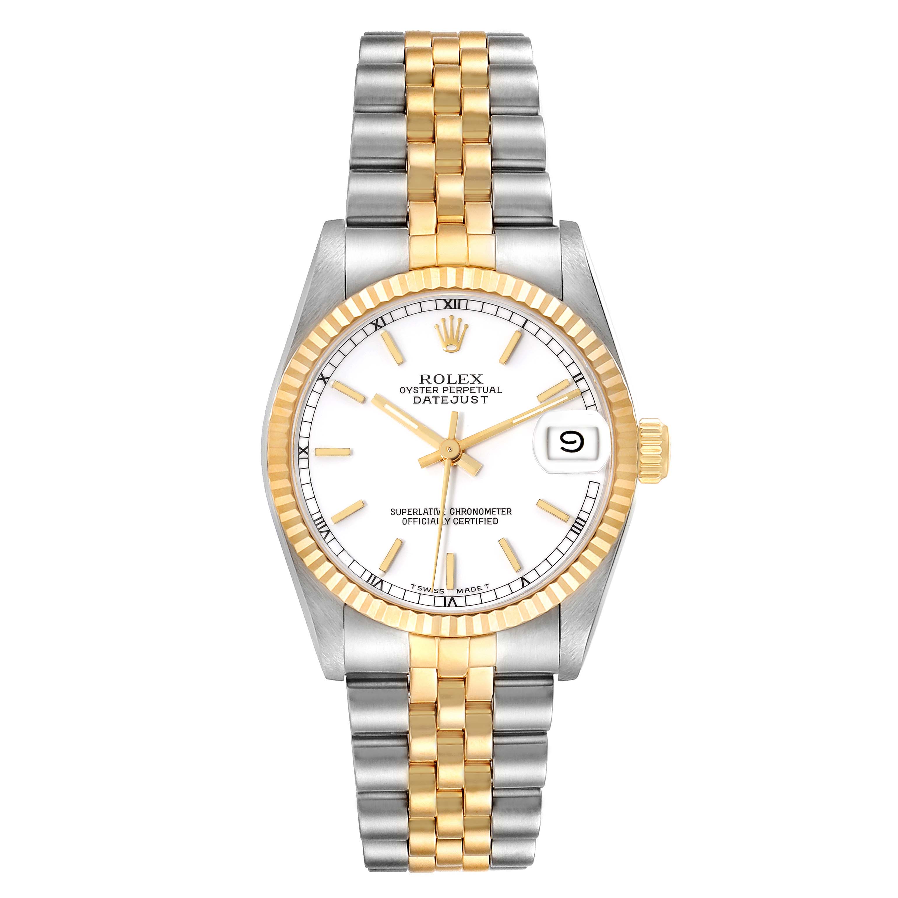 This image shows a front view of the Rolex Mid-Size 68273 Women's Steel and Gold (two tone) White Dial 68273 Women's Steel and Gold (two tone) White Dial Datejust watch, featuring its dial, bezel, and Jubilee bracelet.