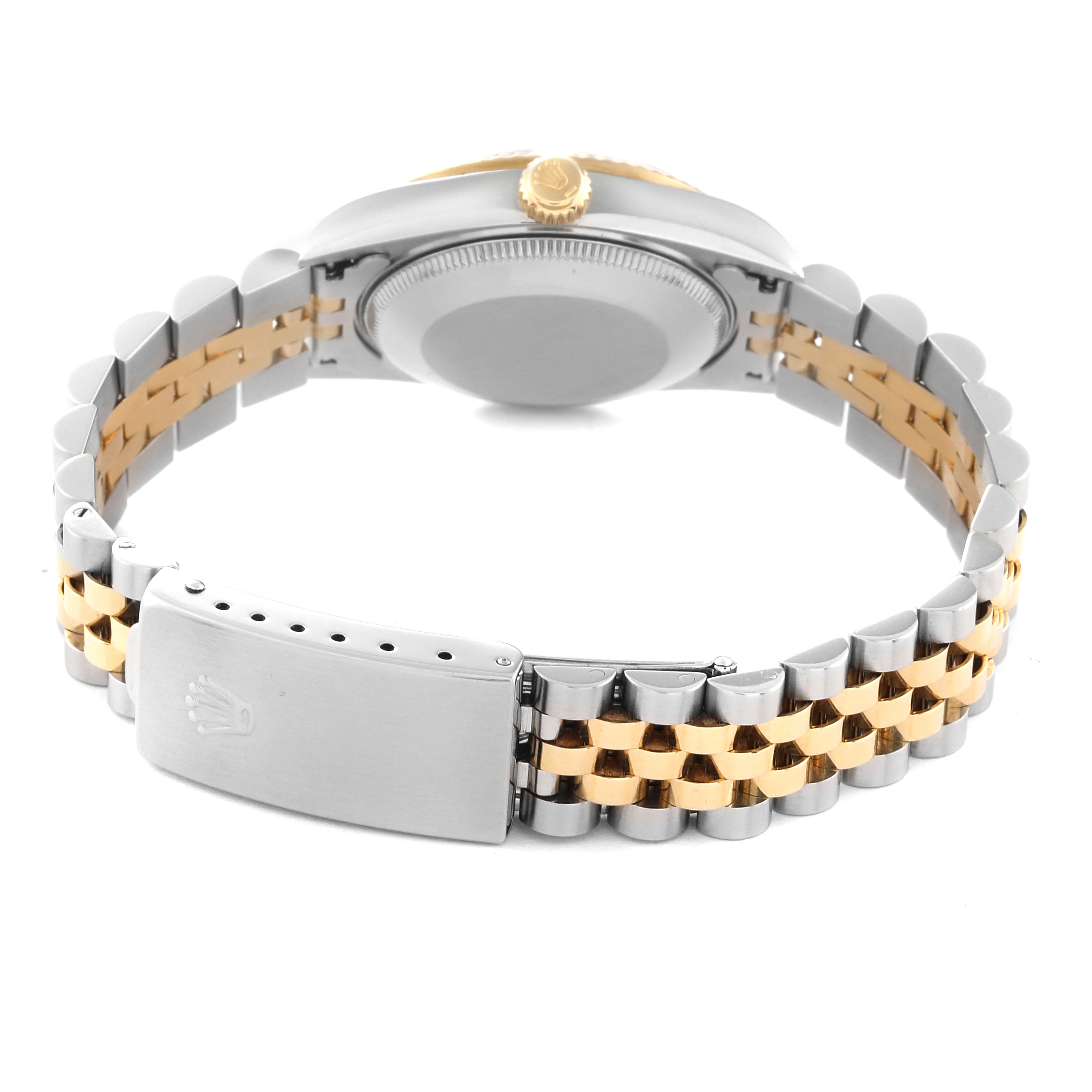 This image shows the back side and bracelet of a Mid-Size Rolex watch in a two-tone silver and gold finish.