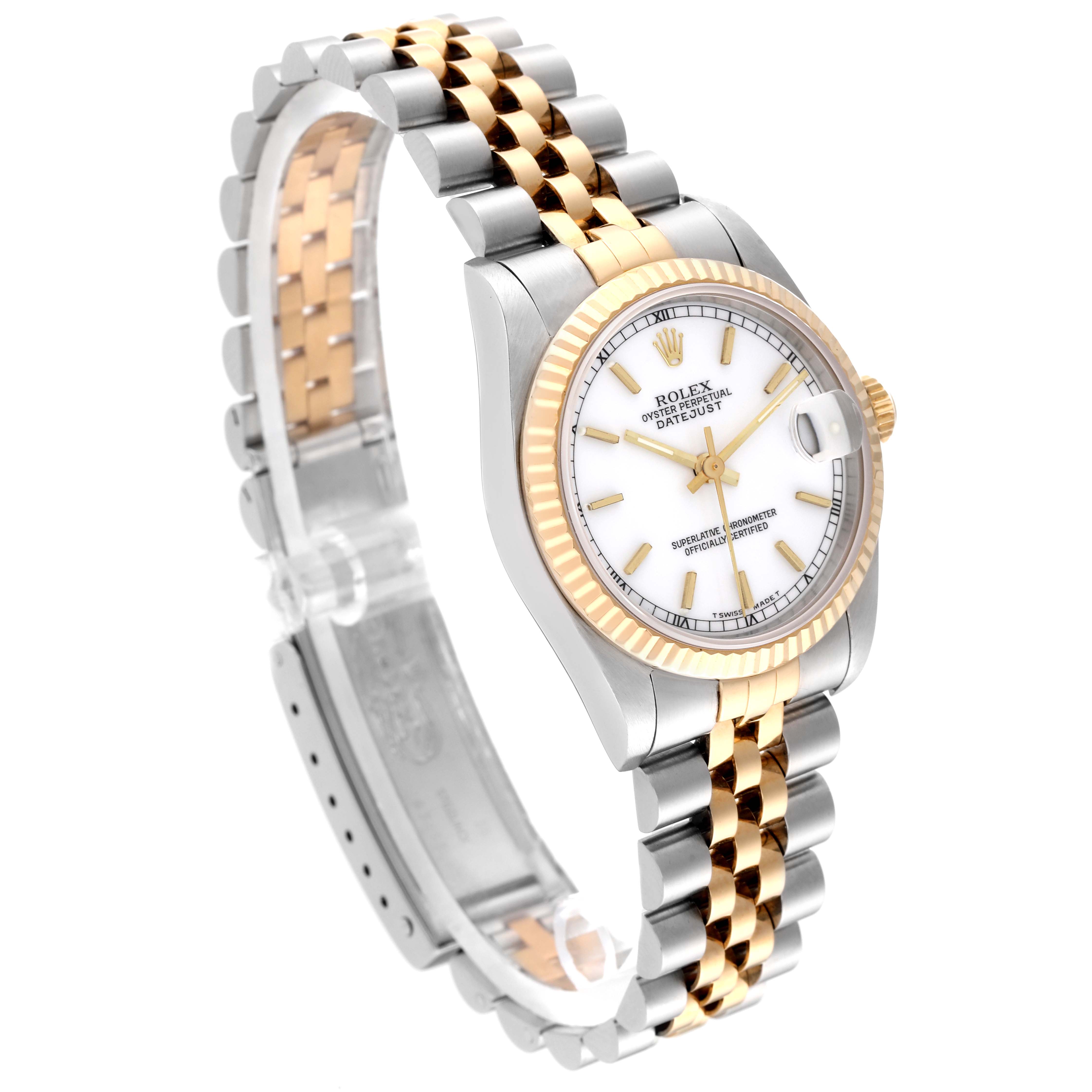 The image shows a Rolex Mid-Size 68273 Women's Steel and Gold (two tone) White Dial 68273 Women's Steel and Gold (two tone) White Dial Datejust watch at a three-quarter angle highlighting the face, bracelet, and bezel.