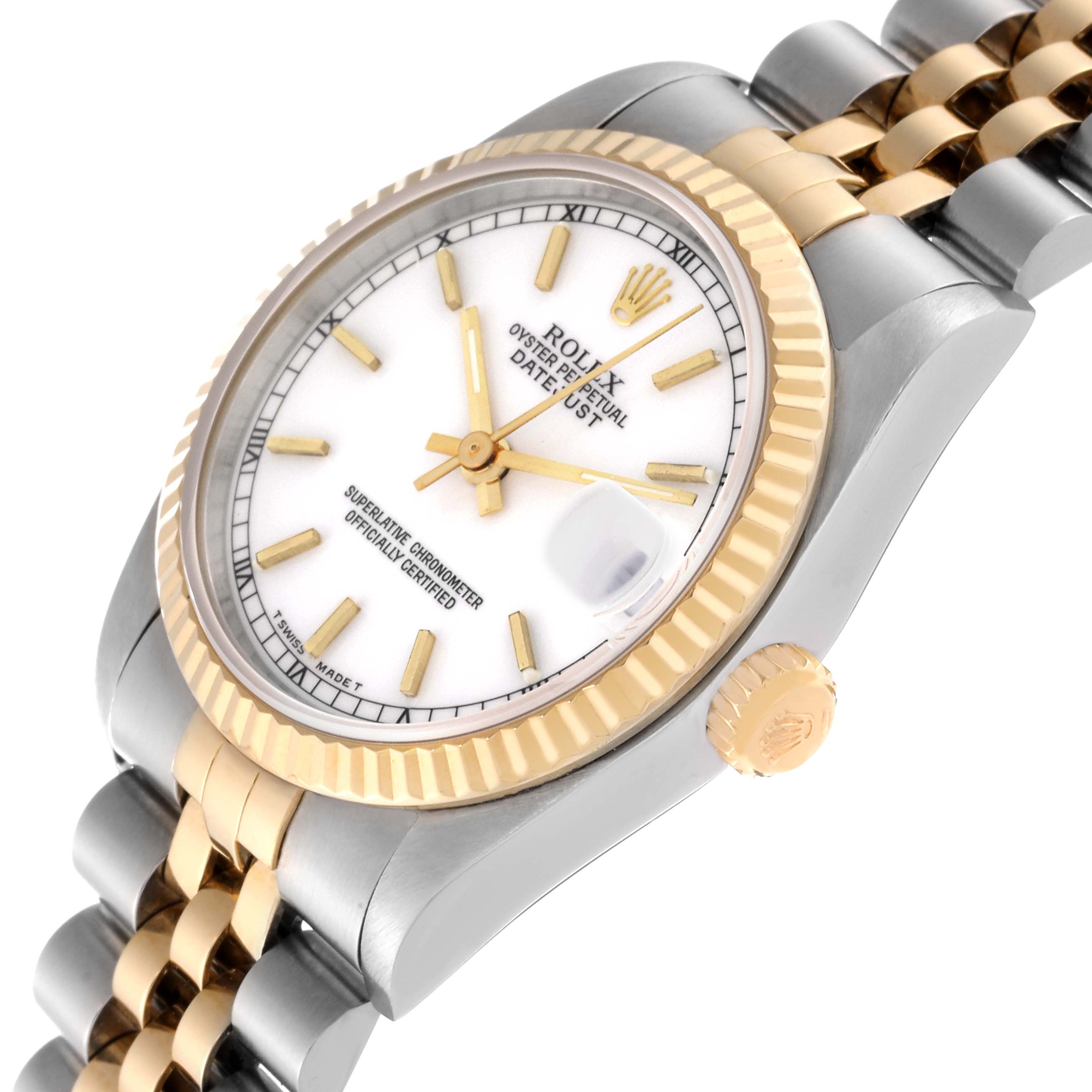 This Rolex Mid-Size 68273 Women's Steel and Gold (two tone) White Dial 68273 Women's Steel and Gold (two tone) White Dial model watch is shown from a left-side angle, highlighting the face, bezel, crown, and bracelet.