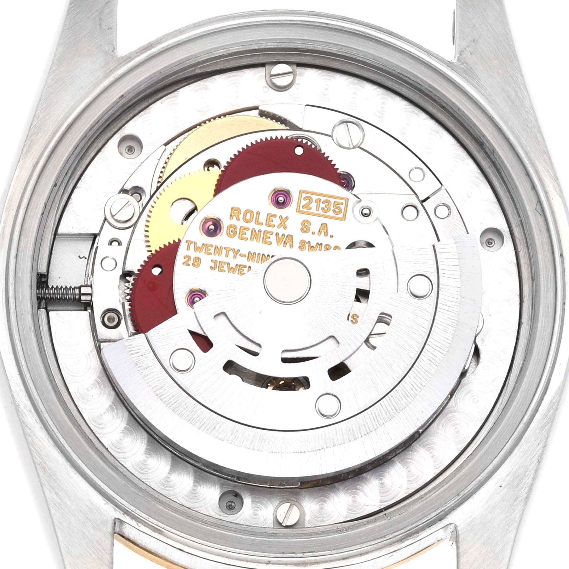 The image shows the internal movement components of the Rolex Mid-Size 68273 Women's Steel and Gold (two tone) White Dial 68273 Women's Steel and Gold (two tone) White Dial model, viewed from the back.