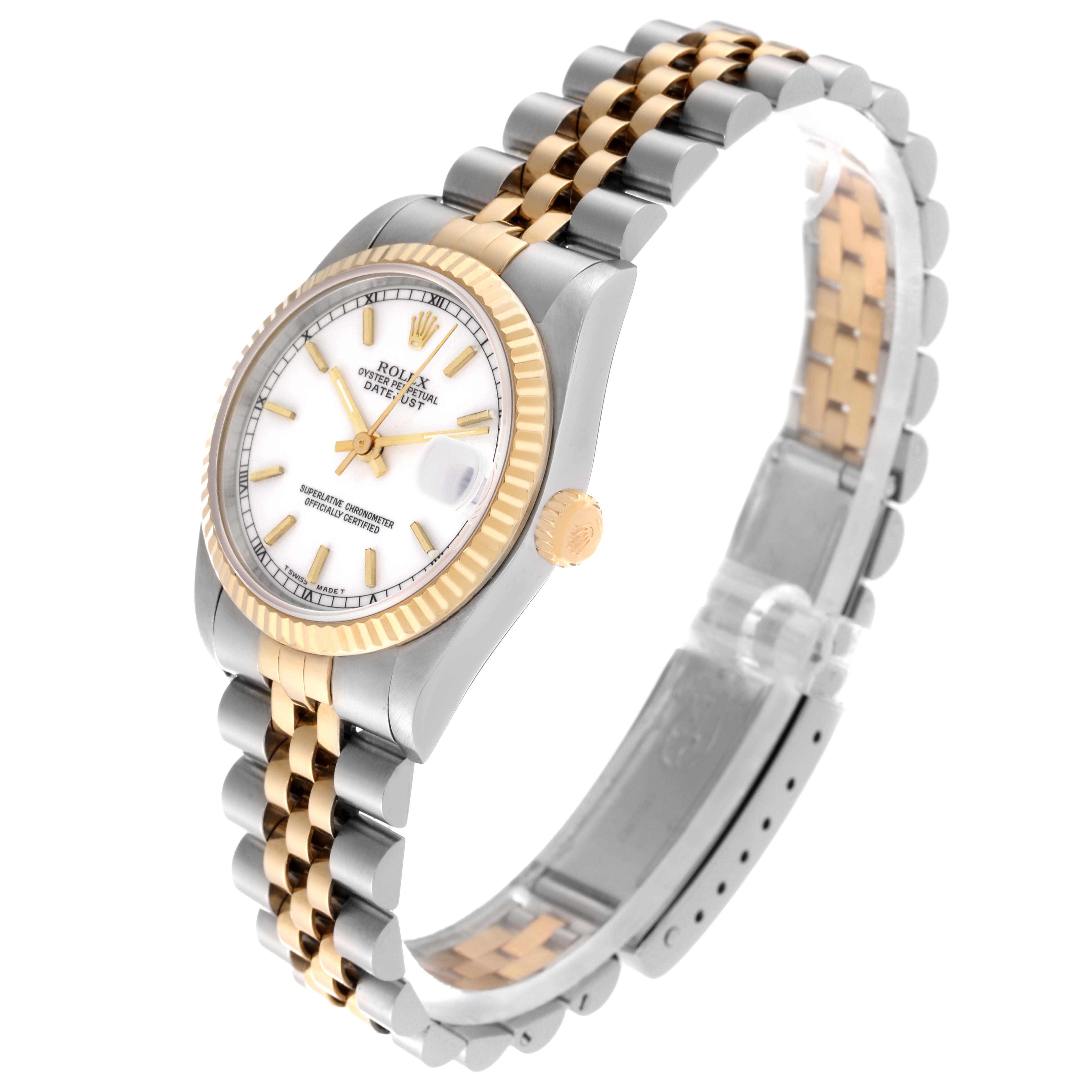 This Rolex Mid-Size 68273 Women's Steel and Gold (two tone) White Dial 68273 Women's Steel and Gold (two tone) White Dial model watch is shown at a three-quarter angle highlighting its dial, bezel, crown, and two-tone bracelet.