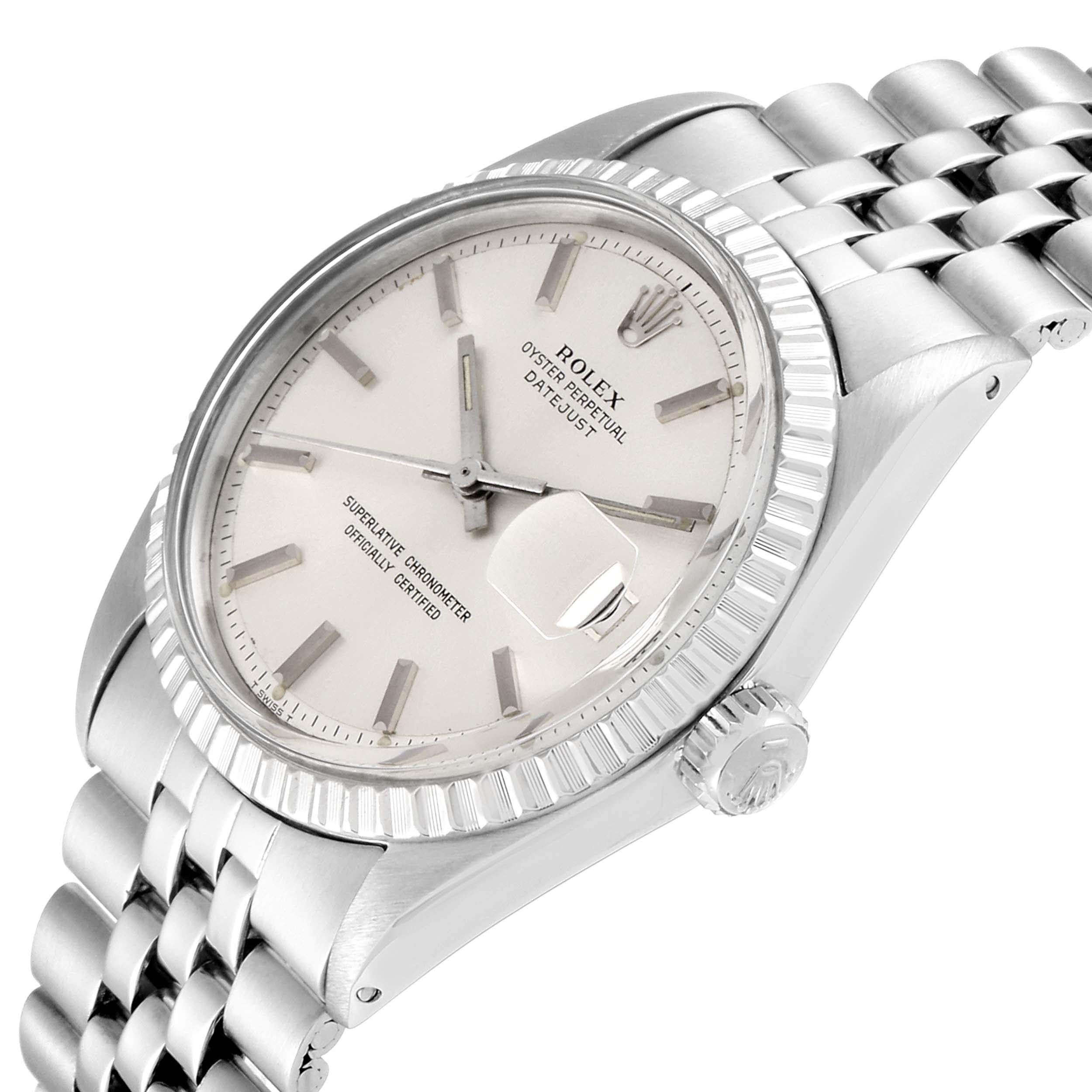 The Rolex Vintage Collection 1603 Men's Stainless Steel Silver Dial 1603 Men's Stainless Steel Silver Dial watch is shown at a tilted angle, displaying the face, fluted bezel, crown, and part of the bracelet.