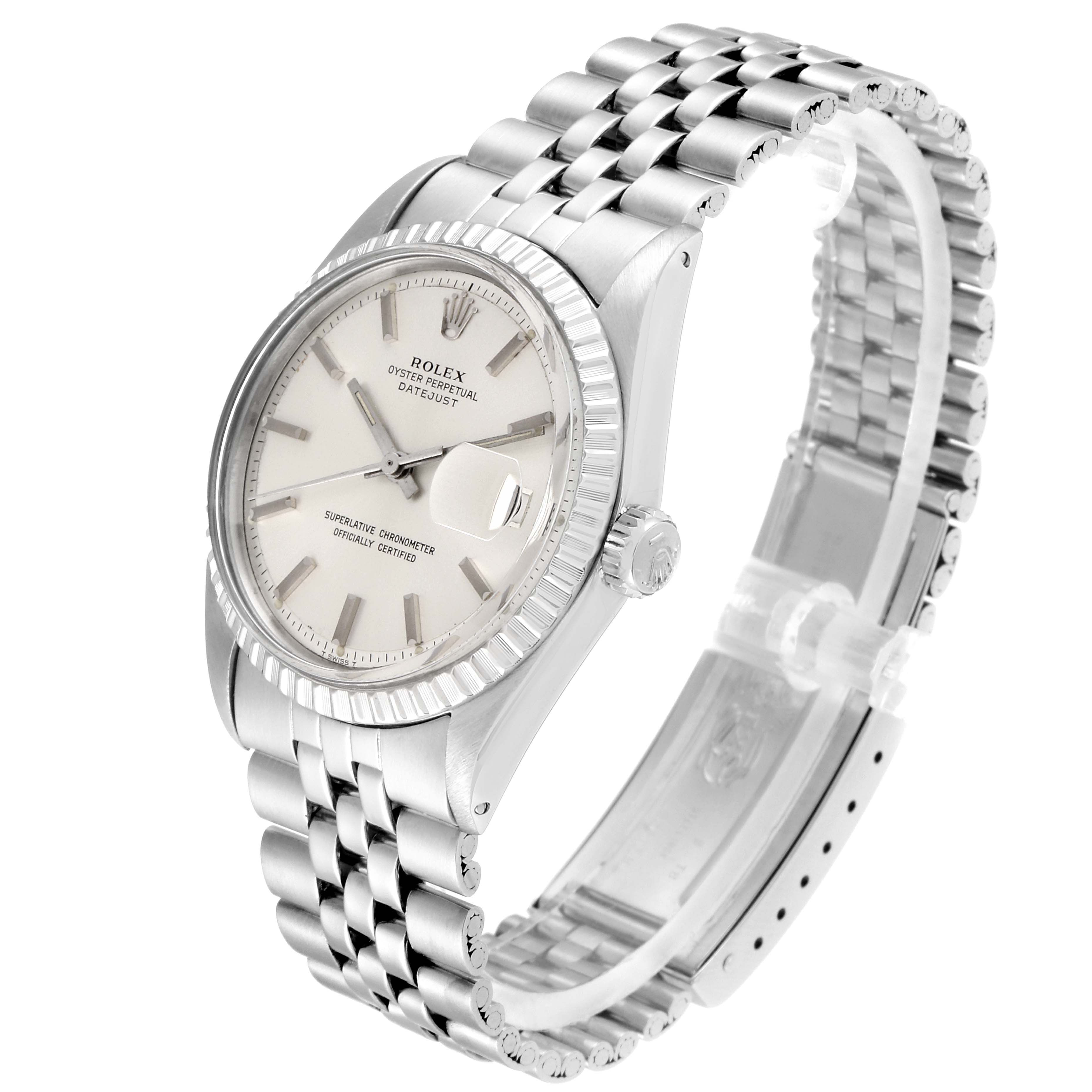 The Rolex Vintage Collection 1603 Men's Stainless Steel Silver Dial 1603 Men's Stainless Steel Silver Dial watch is shown from an angled side view, displaying the face, bezel, crown, and part of the metal bracelet.