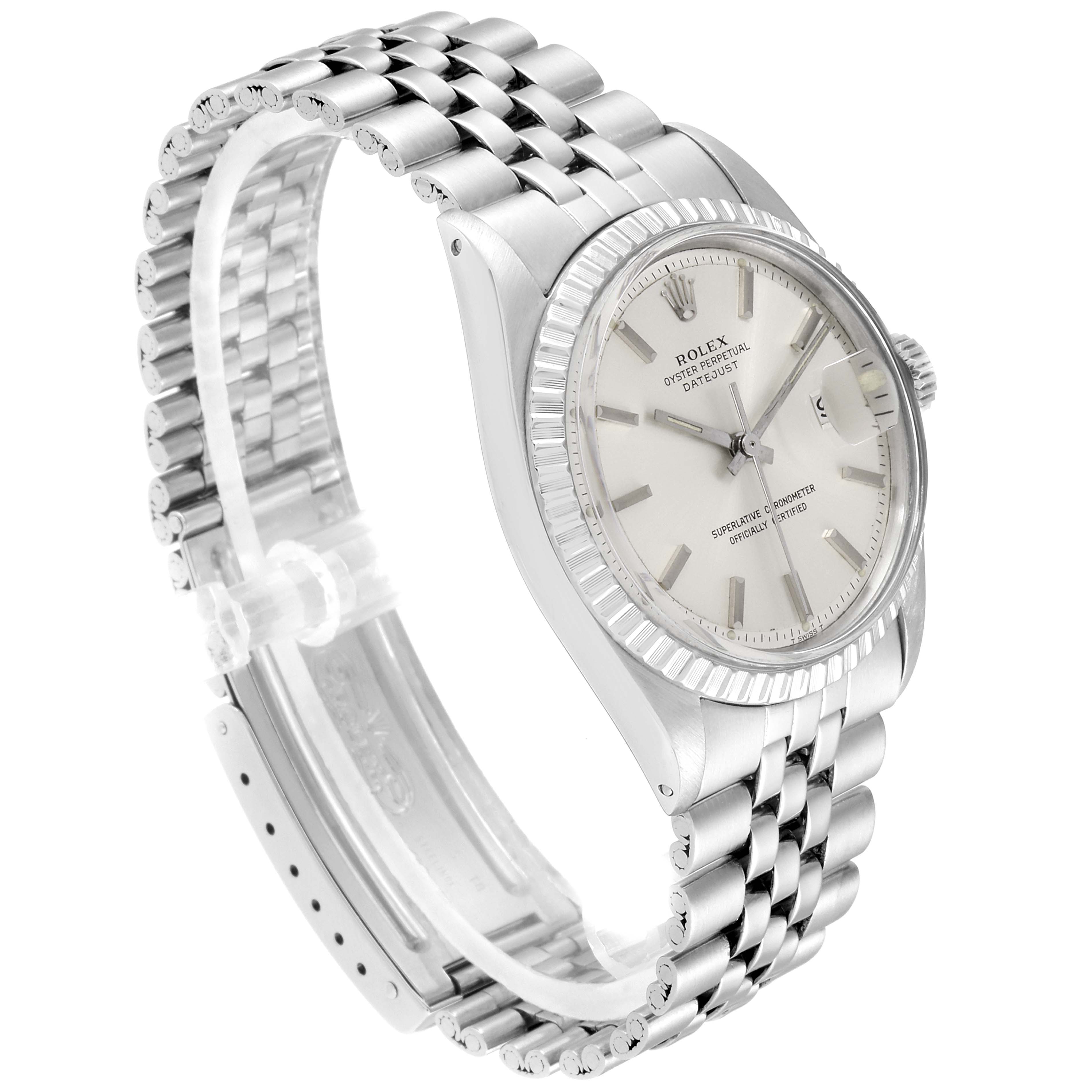 The image shows a side angle view of a Rolex Vintage Collection 1603 Men's Stainless Steel Silver Dial 1603 Men's Stainless Steel Silver Dial watch, displaying its face, crown, and bracelet.