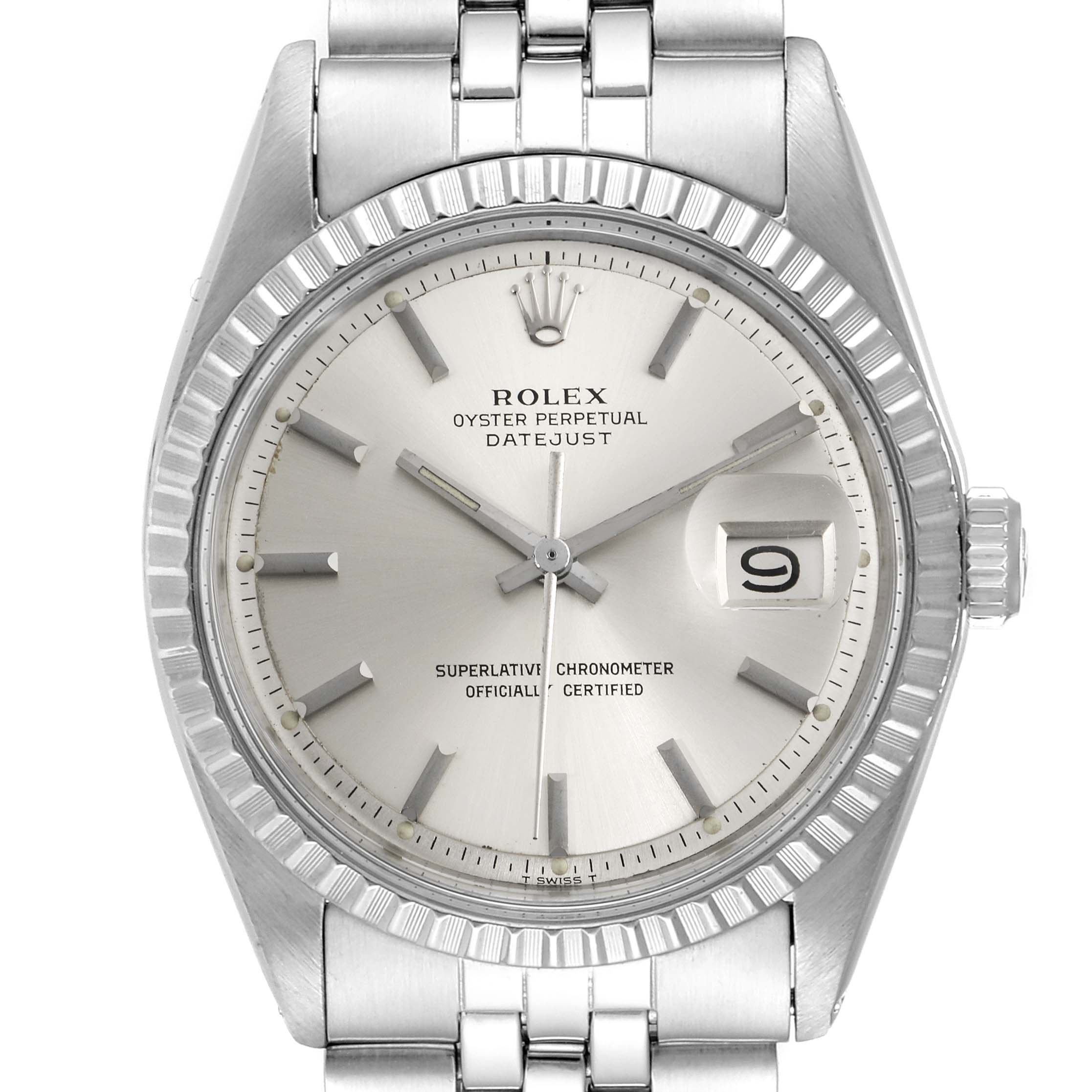 This image shows a frontal close-up of a Rolex Vintage Collection 1603 Men's Stainless Steel Silver Dial 1603 Men's Stainless Steel Silver Dial Datejust, highlighting its dial, bezel, crown, and part of the bracelet.