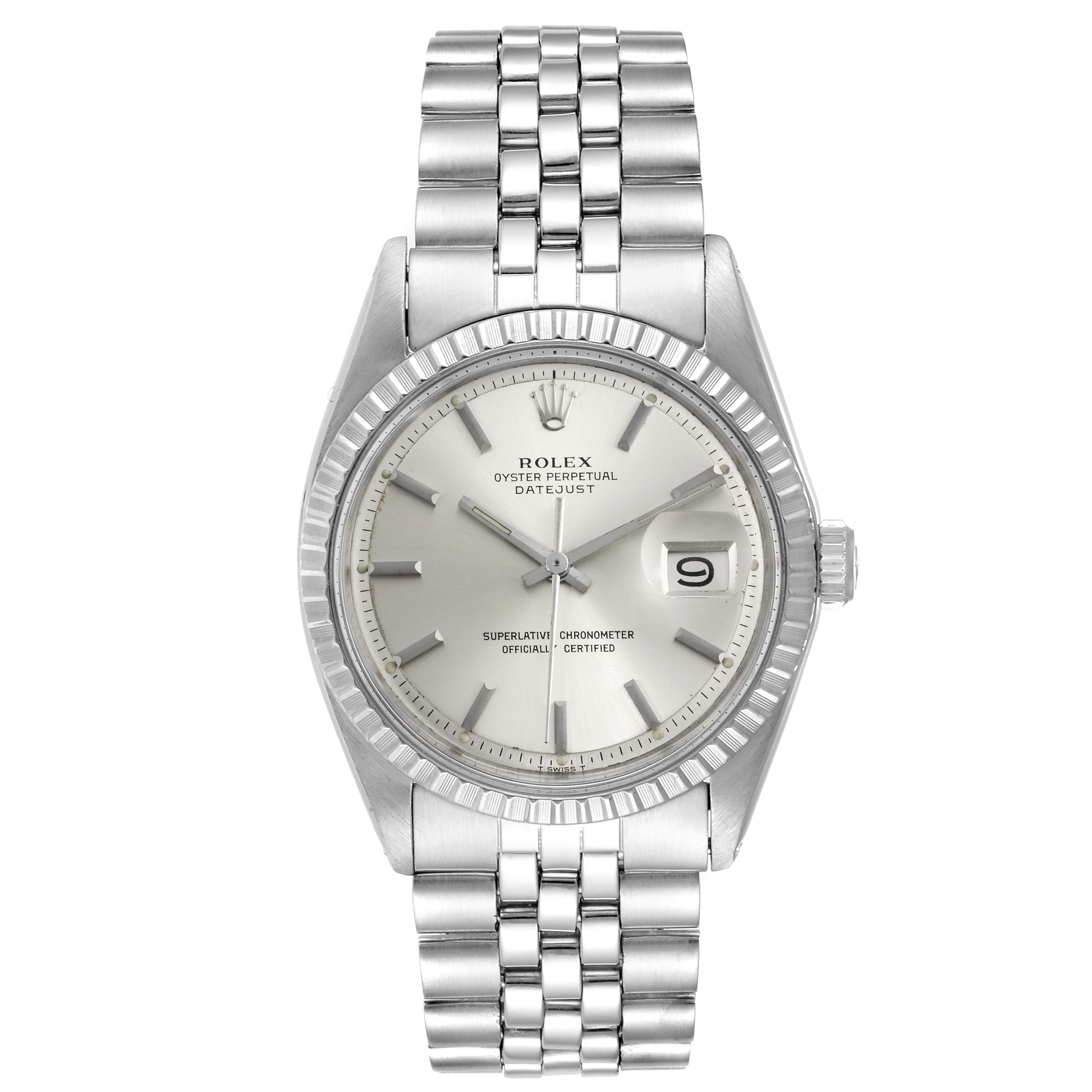 This is a front view of the Rolex Vintage Collection 1603 Men's Stainless Steel Silver Dial 1603 Men's Stainless Steel Silver Dial Oyster Perpetual Datejust, showing the dial, bezel, bracelet, and crown.