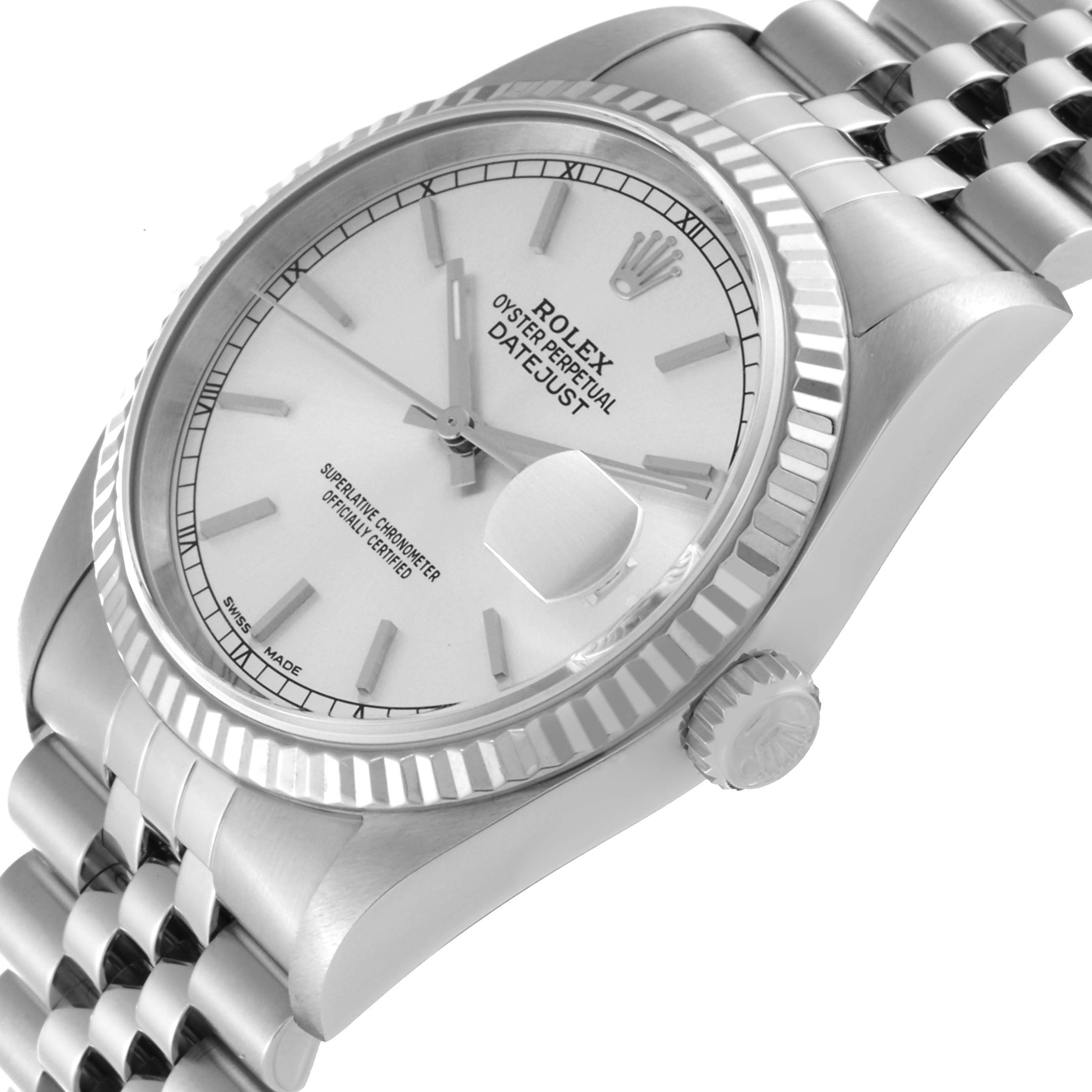 The image shows a Rolex Datejust 16234 Men's Stainless Steel Silver Dial 16234 Men's Stainless Steel Silver Dial watch at a slight angle, highlighting the dial, crown, and part of the bracelet.