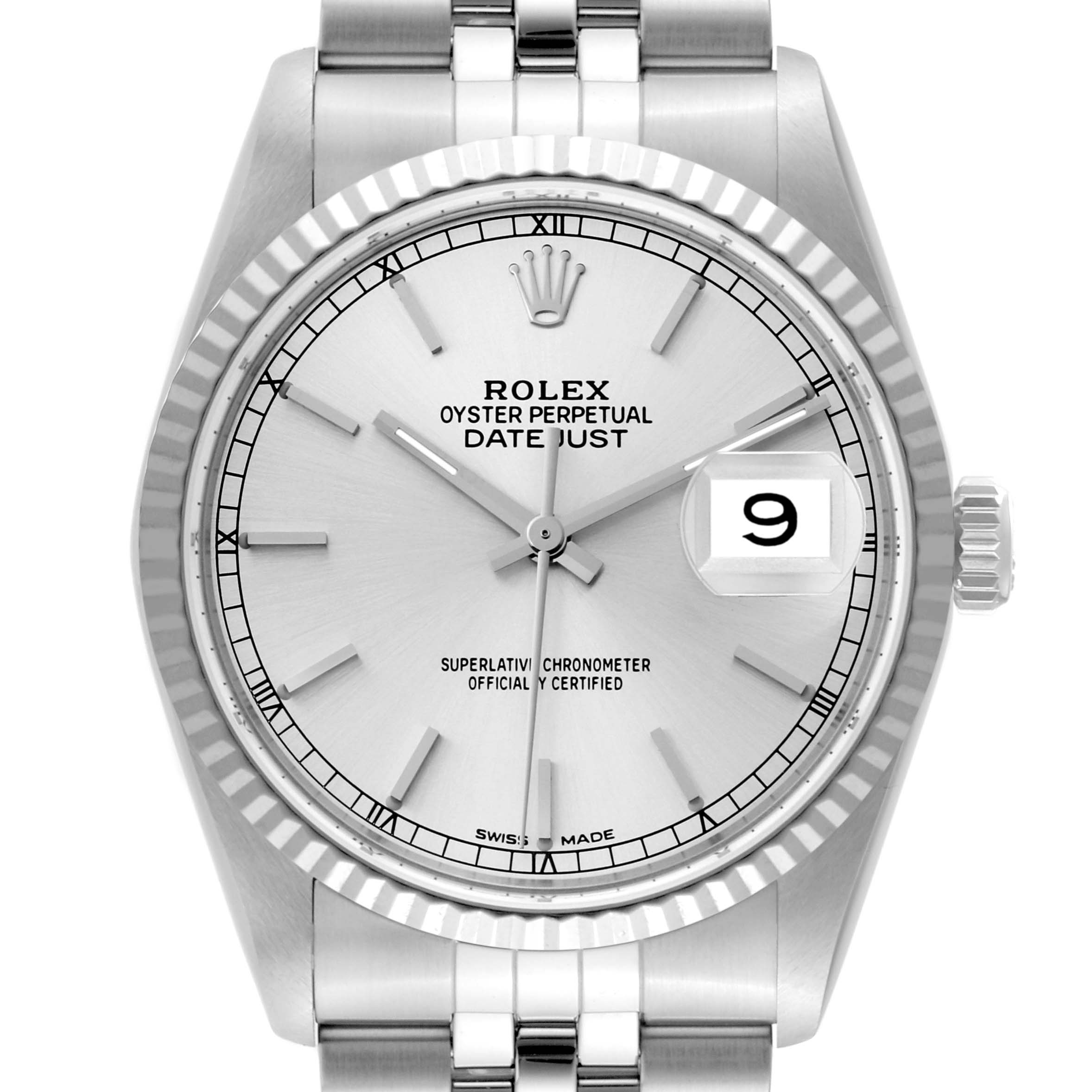 This image shows a Rolex Datejust 16234 Men's Stainless Steel Silver Dial 16234 Men's Stainless Steel Silver Dial watch from a front angle, highlighting its dial, bezel, crown, and part of the bracelet.