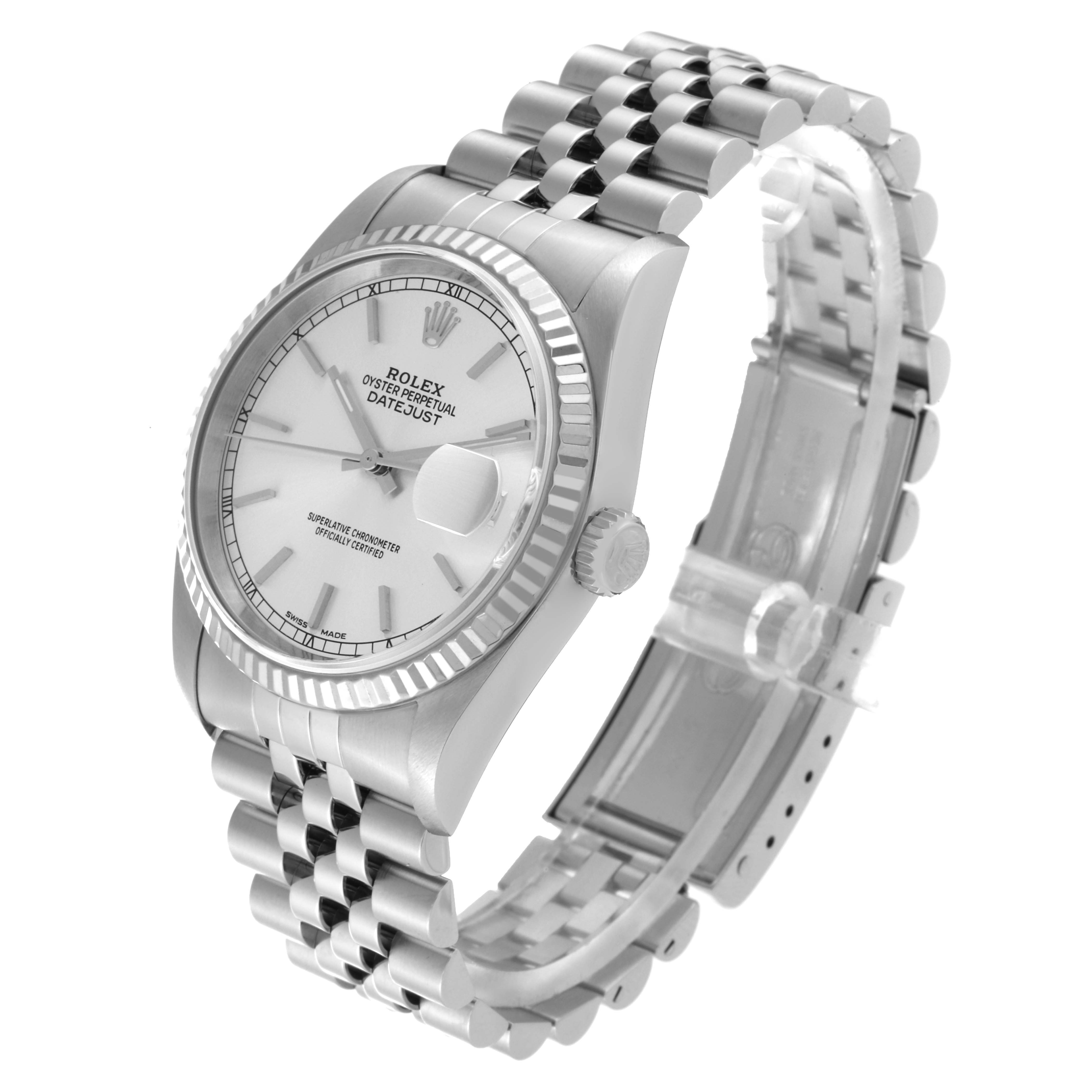 The Rolex Datejust 16234 Men's Stainless Steel Silver Dial 16234 Men's Stainless Steel Silver Dial watch is shown at a slight angle, displaying the face, band, and crown.
