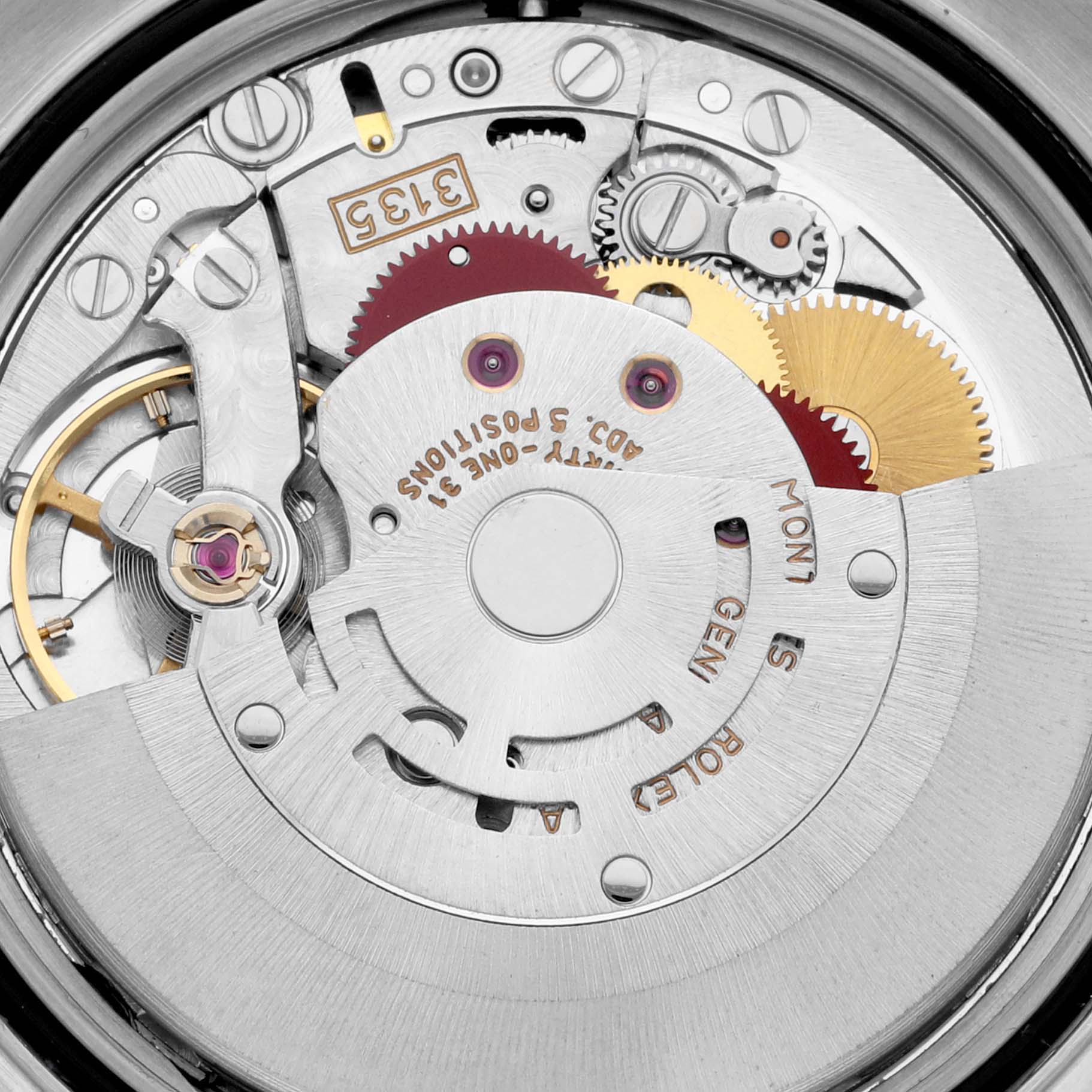 Close-up view of the movement and internal components of the Rolex Datejust 16234 Men's Stainless Steel Silver Dial 16234 Men's Stainless Steel Silver Dial model watch.
