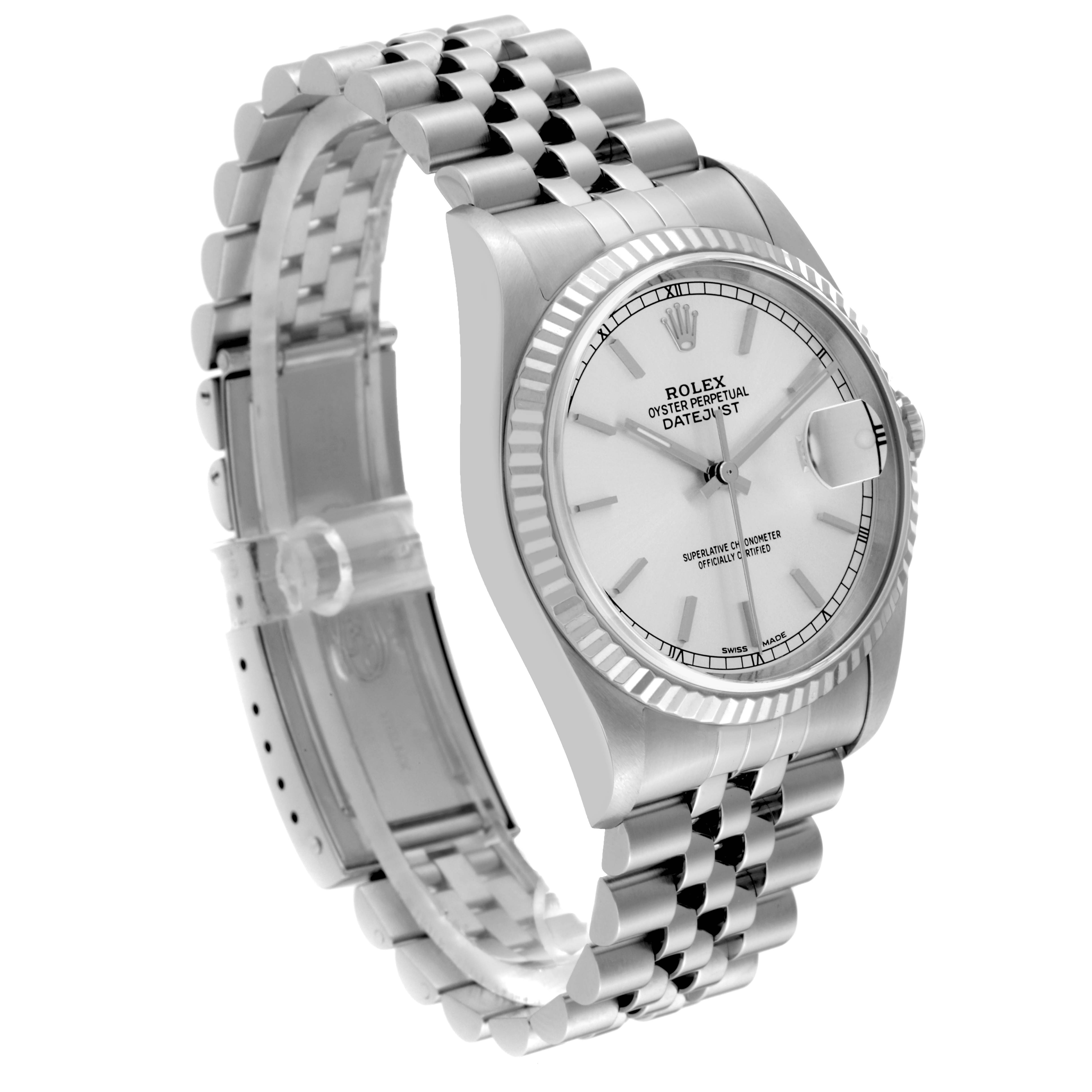 This image shows a Rolex Datejust 16234 Men's Stainless Steel Silver Dial 16234 Men's Stainless Steel Silver Dial watch angled to display both the face and the metal bracelet.