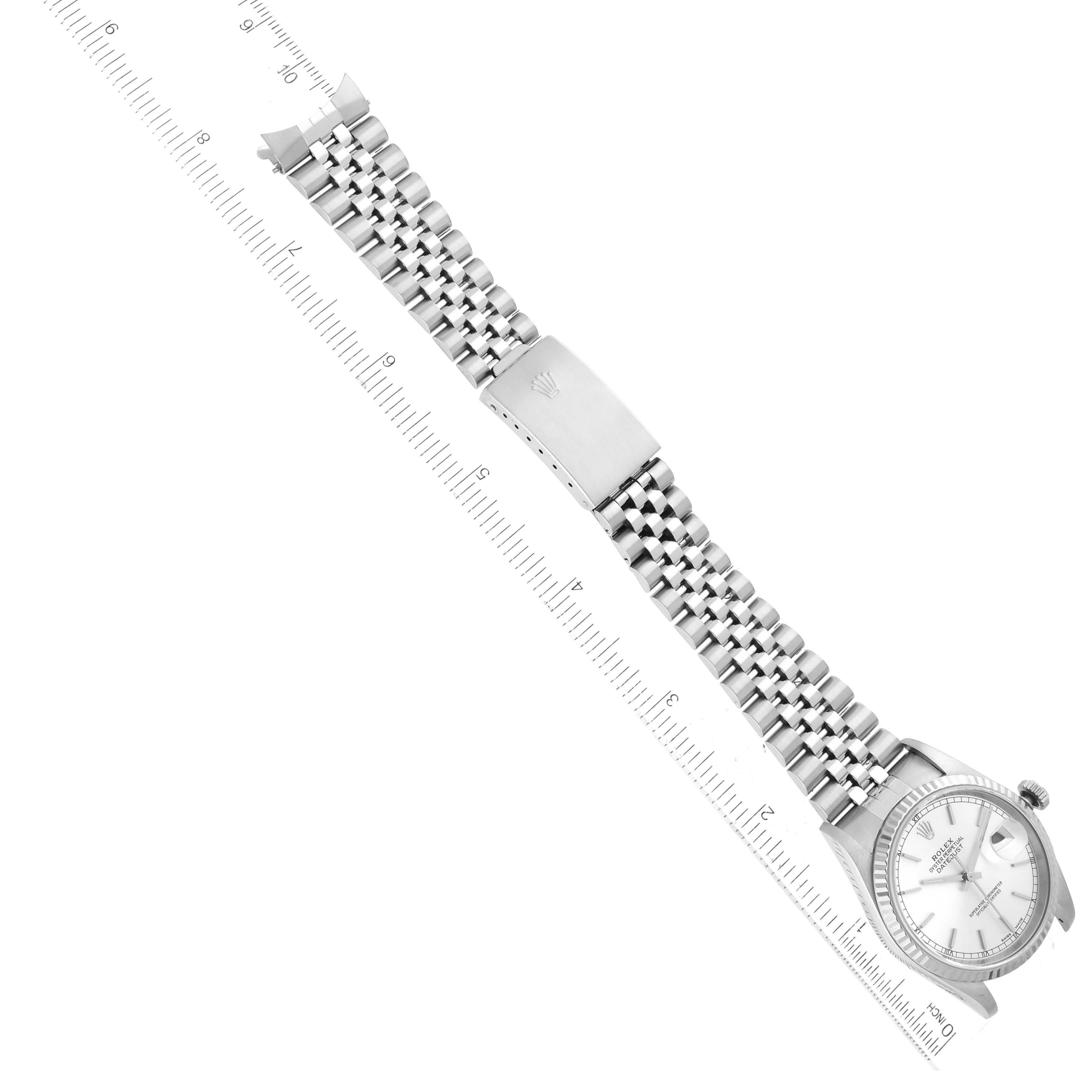 The image shows a Rolex Datejust 16234 Men's Stainless Steel Silver Dial 16234 Men's Stainless Steel Silver Dial watch taken from a top-down angle, highlighting its bracelet, clasp, and dial.