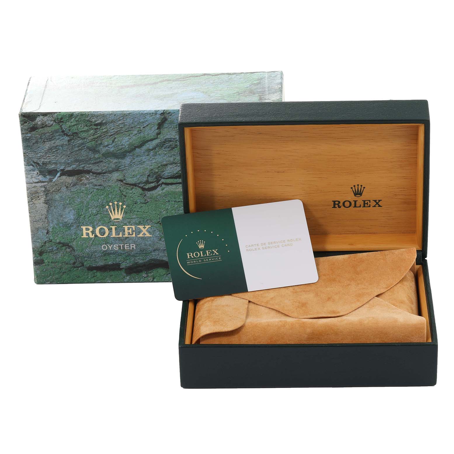 This image shows a Rolex Datejust 16234 Men's Stainless Steel Silver Dial 16234 Men's Stainless Steel Silver Dial watch box and document holder at a frontal angle.