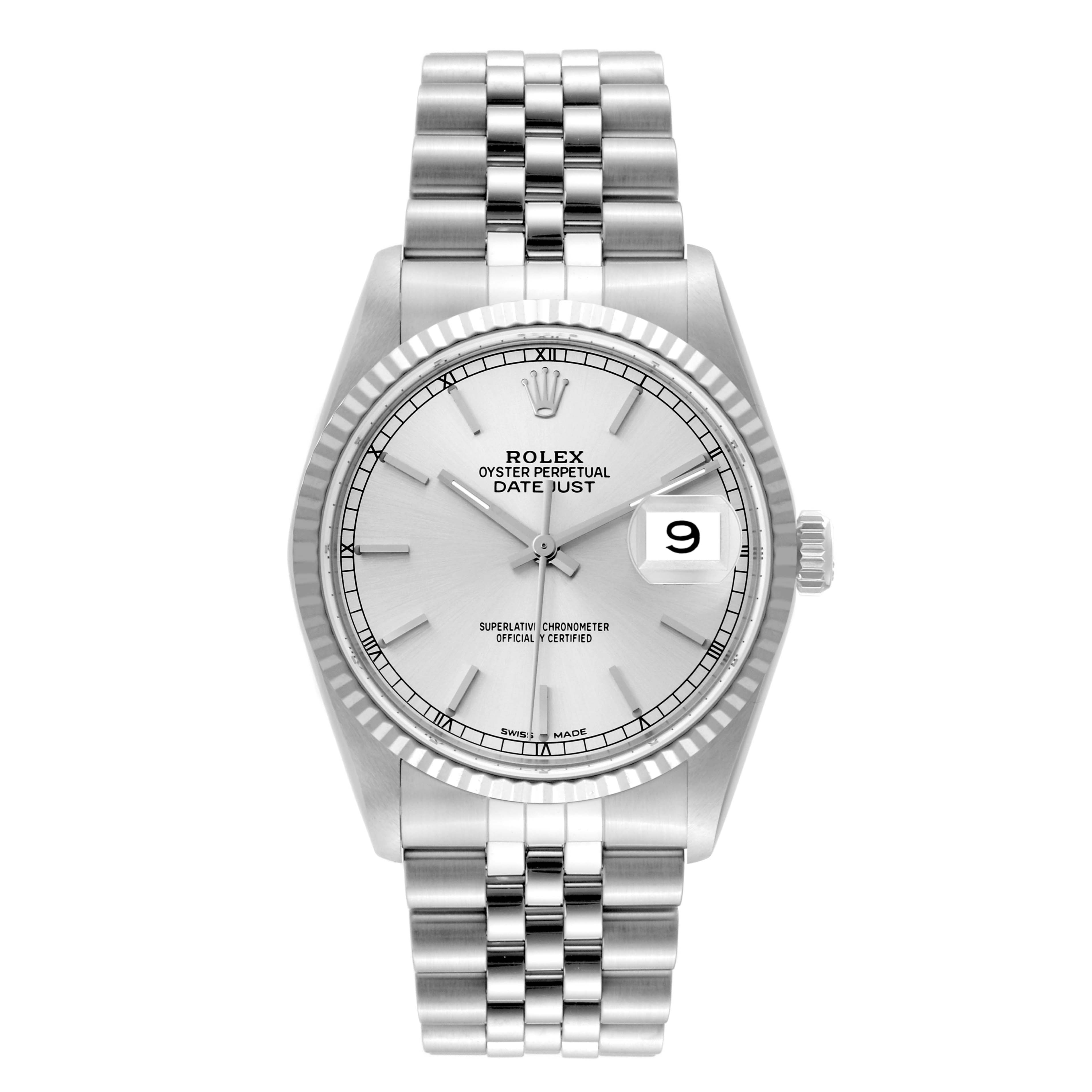 This image shows a front view of the Rolex Datejust 16234 Men's Stainless Steel Silver Dial 16234 Men's Stainless Steel Silver Dial watch featuring its dial, bezel, case, and bracelet.